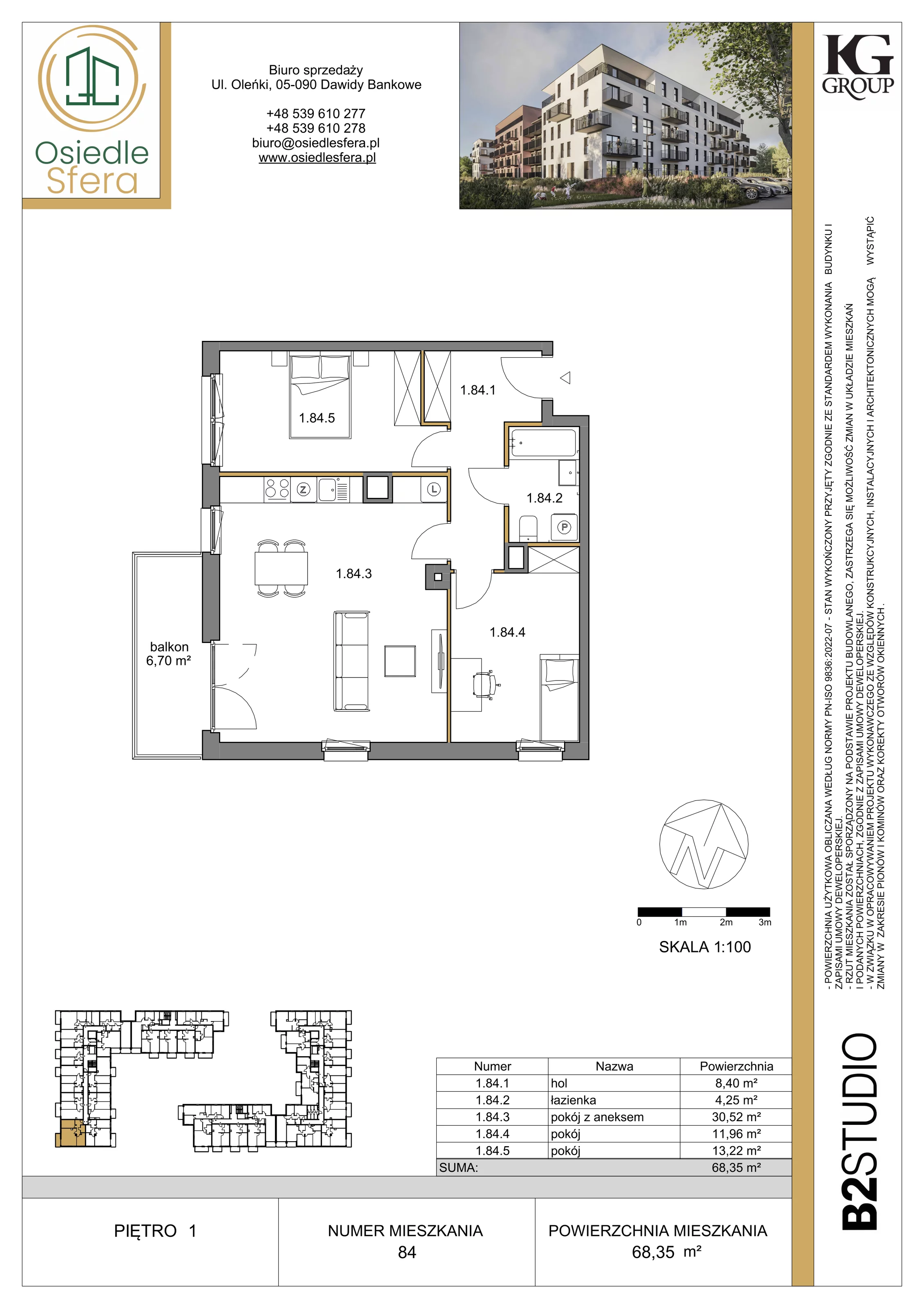 3 pokoje, mieszkanie 68,35 m², piętro 1, oferta nr 84, Osiedle Sfera - Etap II, Dawidy Bankowe, ul. Oleńki 14