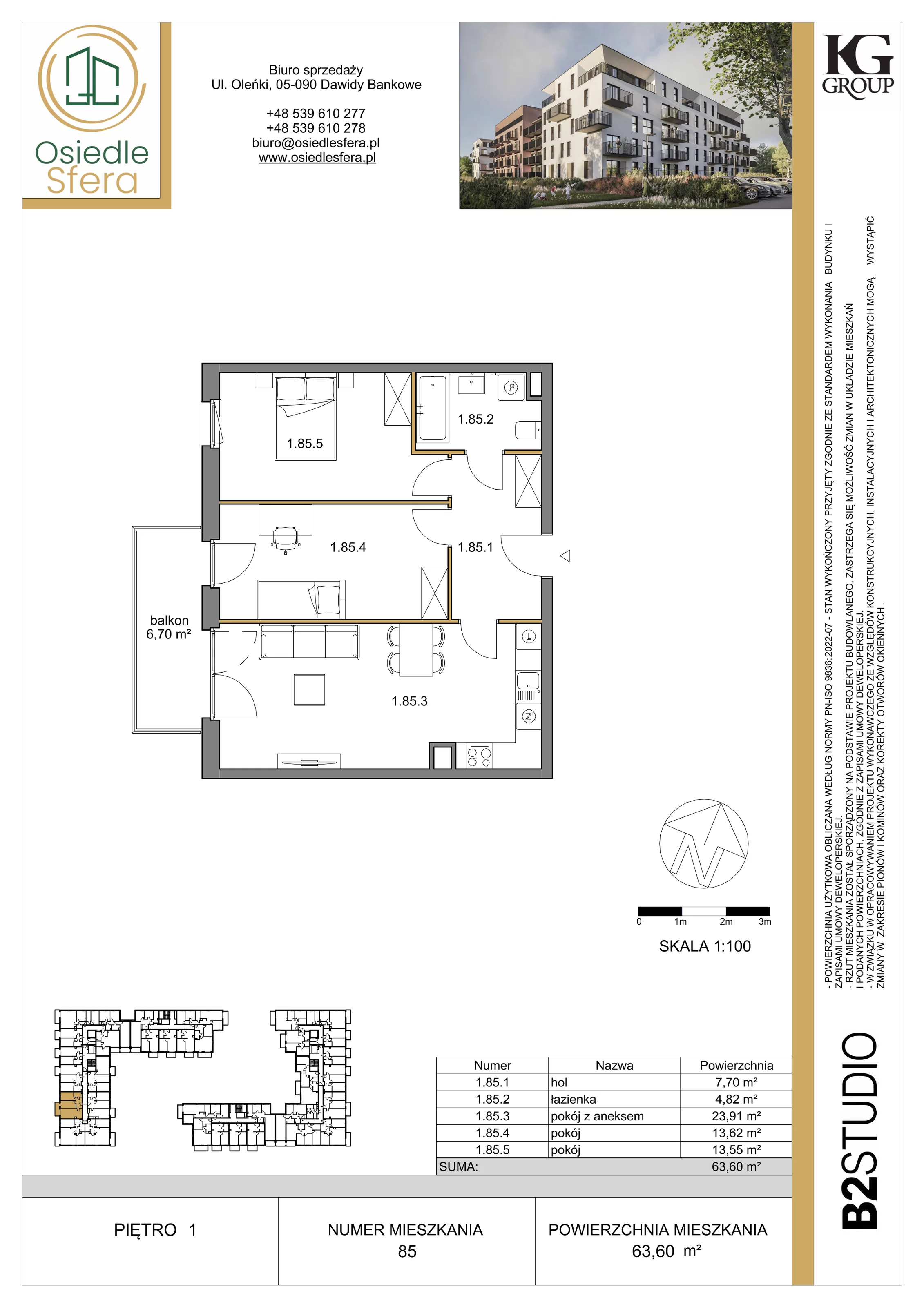 3 pokoje, mieszkanie 63,60 m², piętro 1, oferta nr 85, Osiedle Sfera - Etap II, Dawidy Bankowe, ul. Oleńki 14