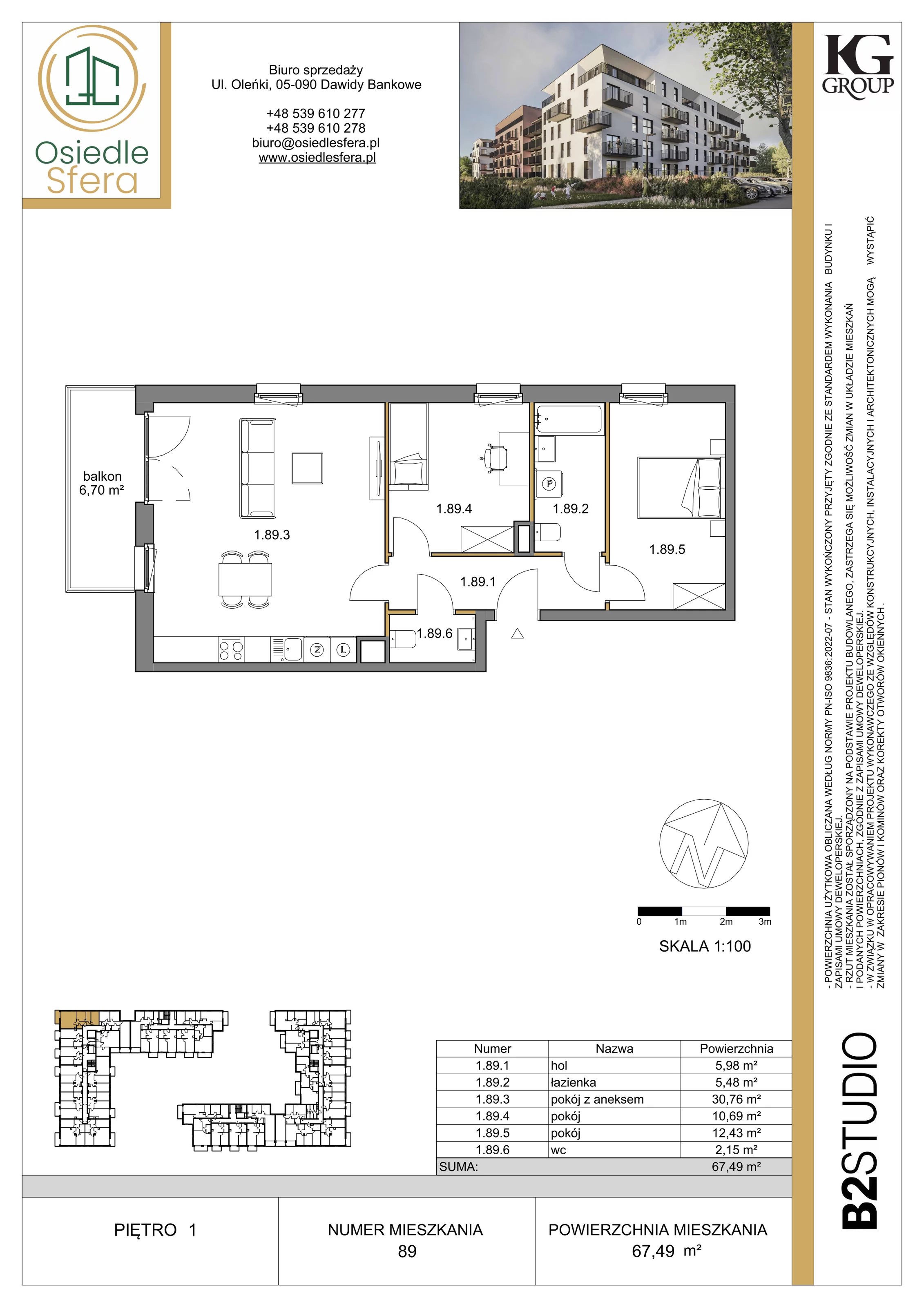 3 pokoje, mieszkanie 67,49 m², piętro 1, oferta nr 89, Osiedle Sfera - Etap II, Dawidy Bankowe, ul. Oleńki 14