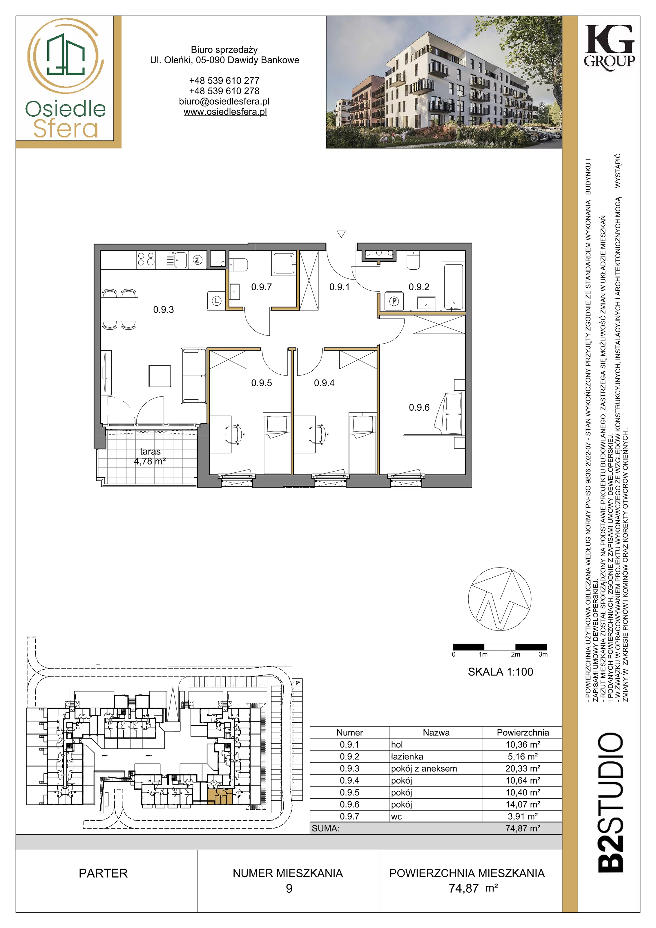 4 pokoje, mieszkanie 74,87 m², parter, oferta nr 9, Osiedle Sfera - Etap II, Dawidy Bankowe, ul. Oleńki 14