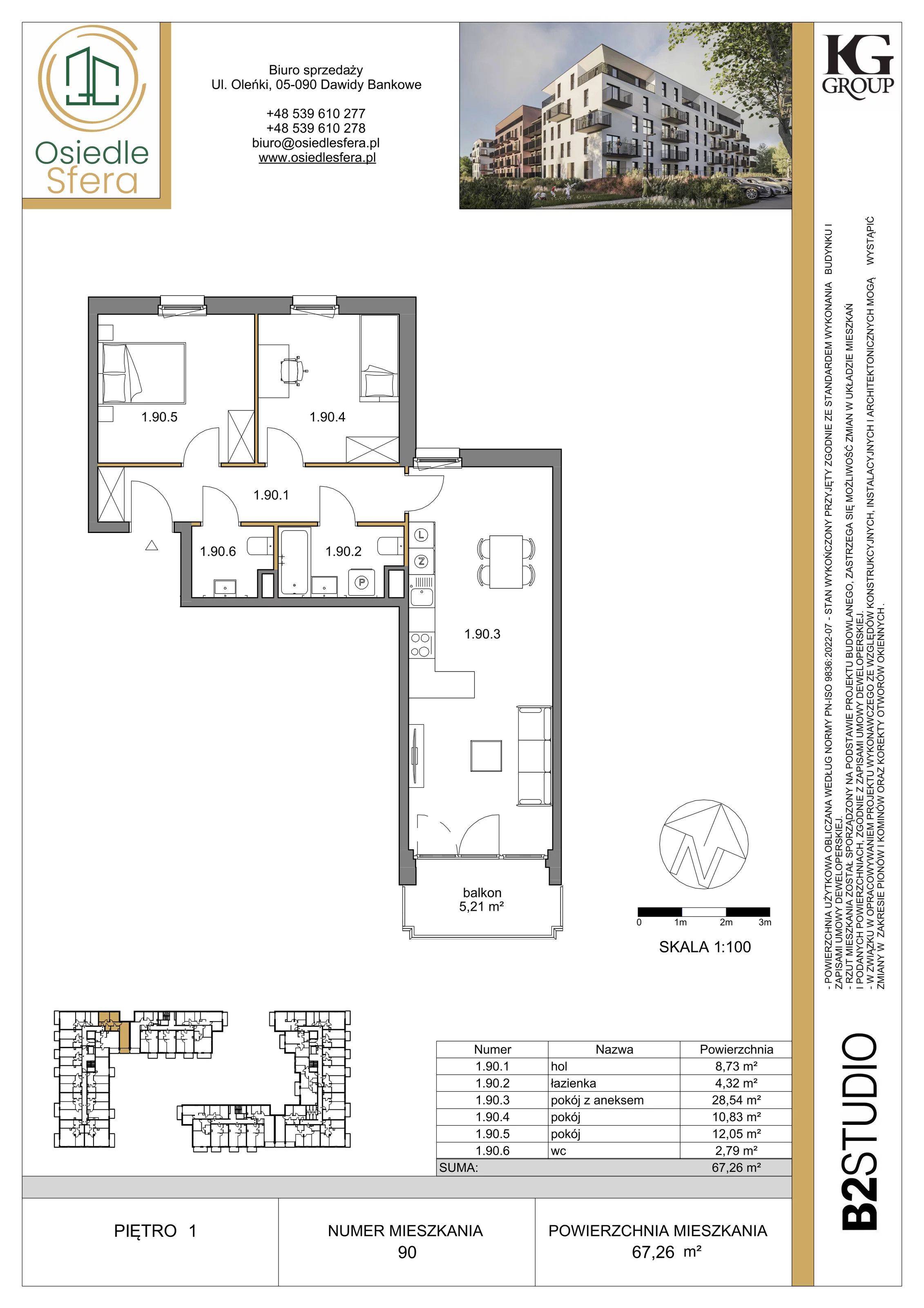 3 pokoje, mieszkanie 67,26 m², piętro 1, oferta nr 90, Osiedle Sfera - Etap II, Dawidy Bankowe, ul. Oleńki 14