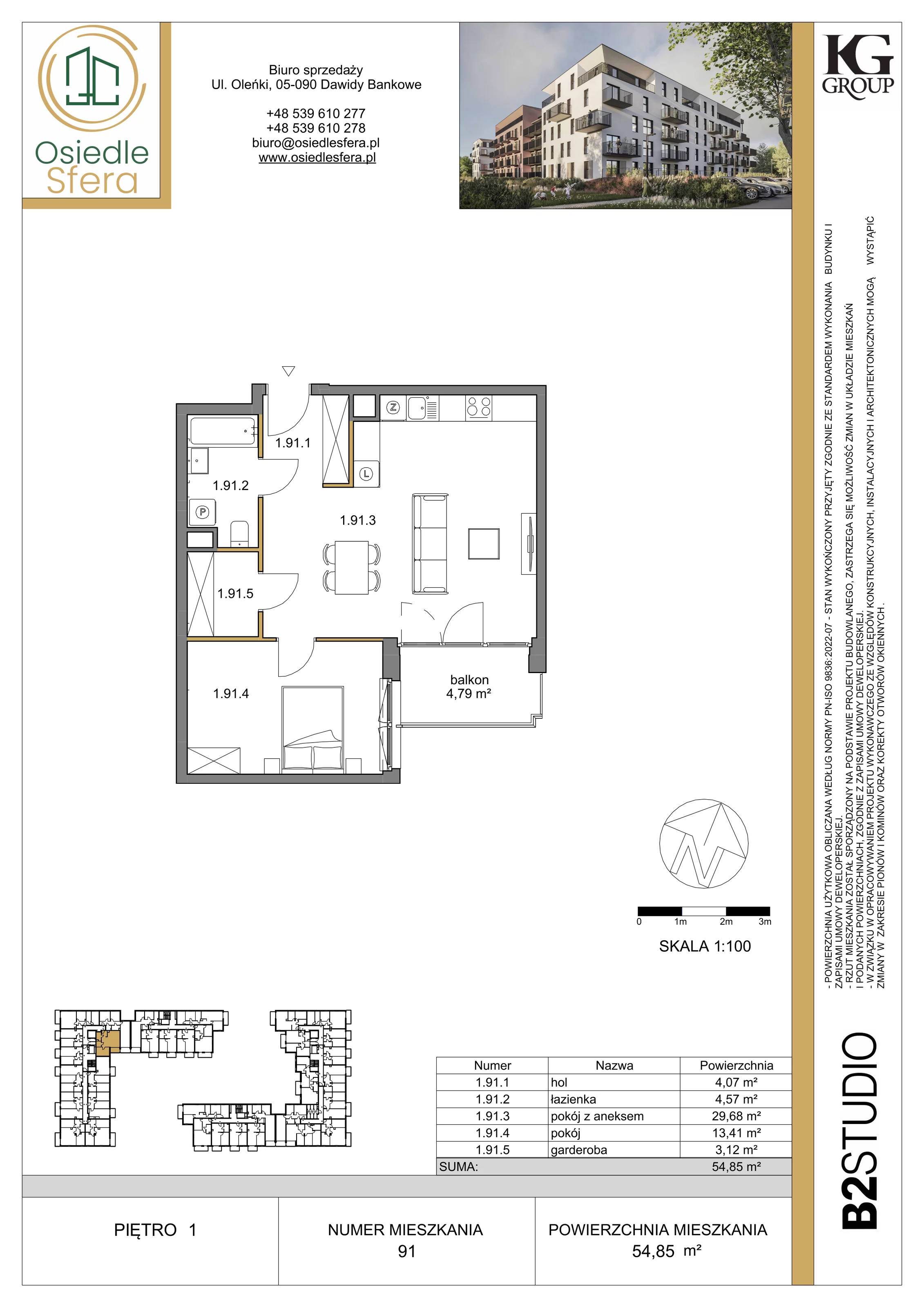 2 pokoje, mieszkanie 54,85 m², piętro 1, oferta nr 91, Osiedle Sfera - Etap II, Dawidy Bankowe, ul. Oleńki 14
