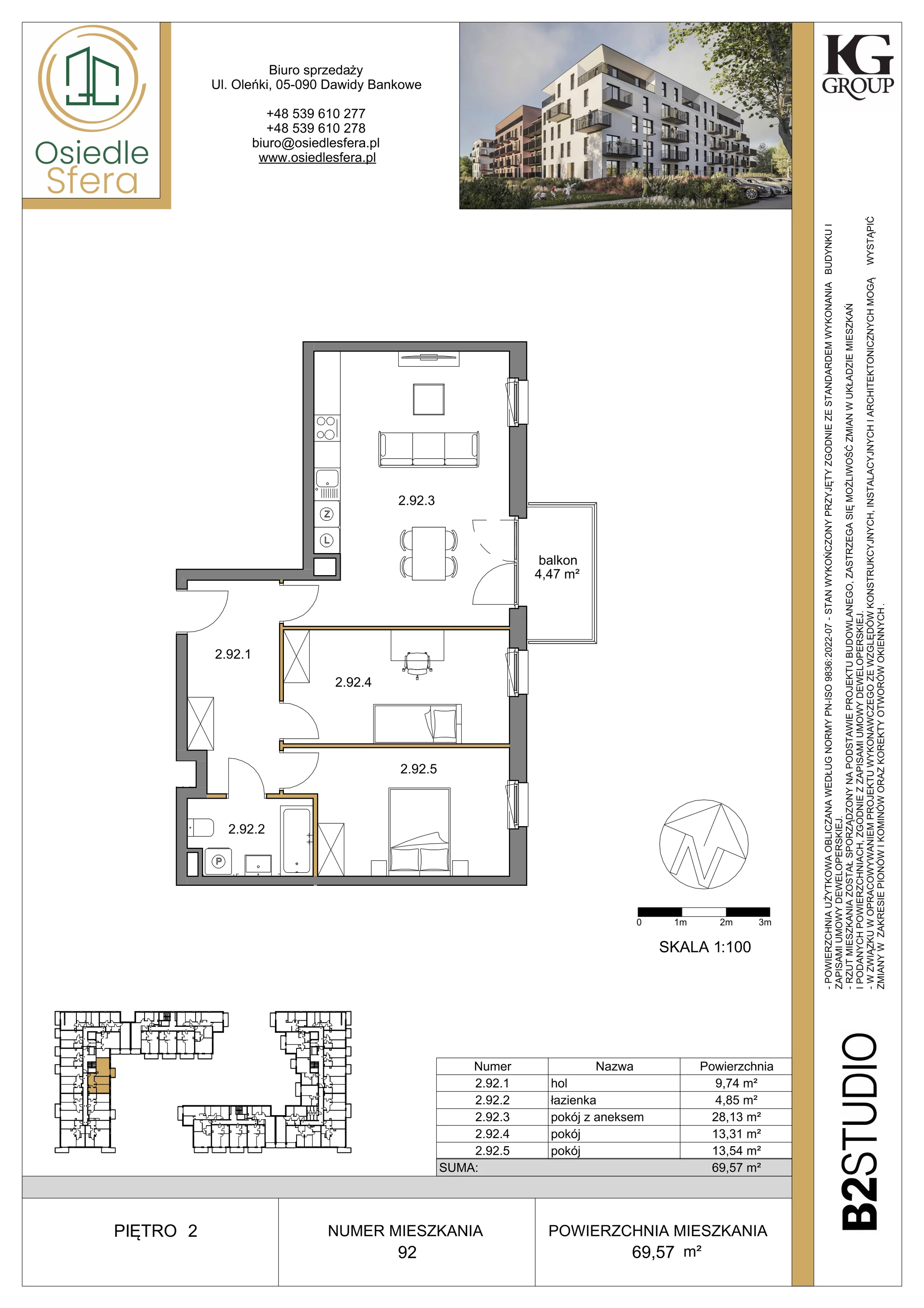 3 pokoje, mieszkanie 69,57 m², piętro 2, oferta nr 92, Osiedle Sfera - Etap II, Dawidy Bankowe, ul. Oleńki 14