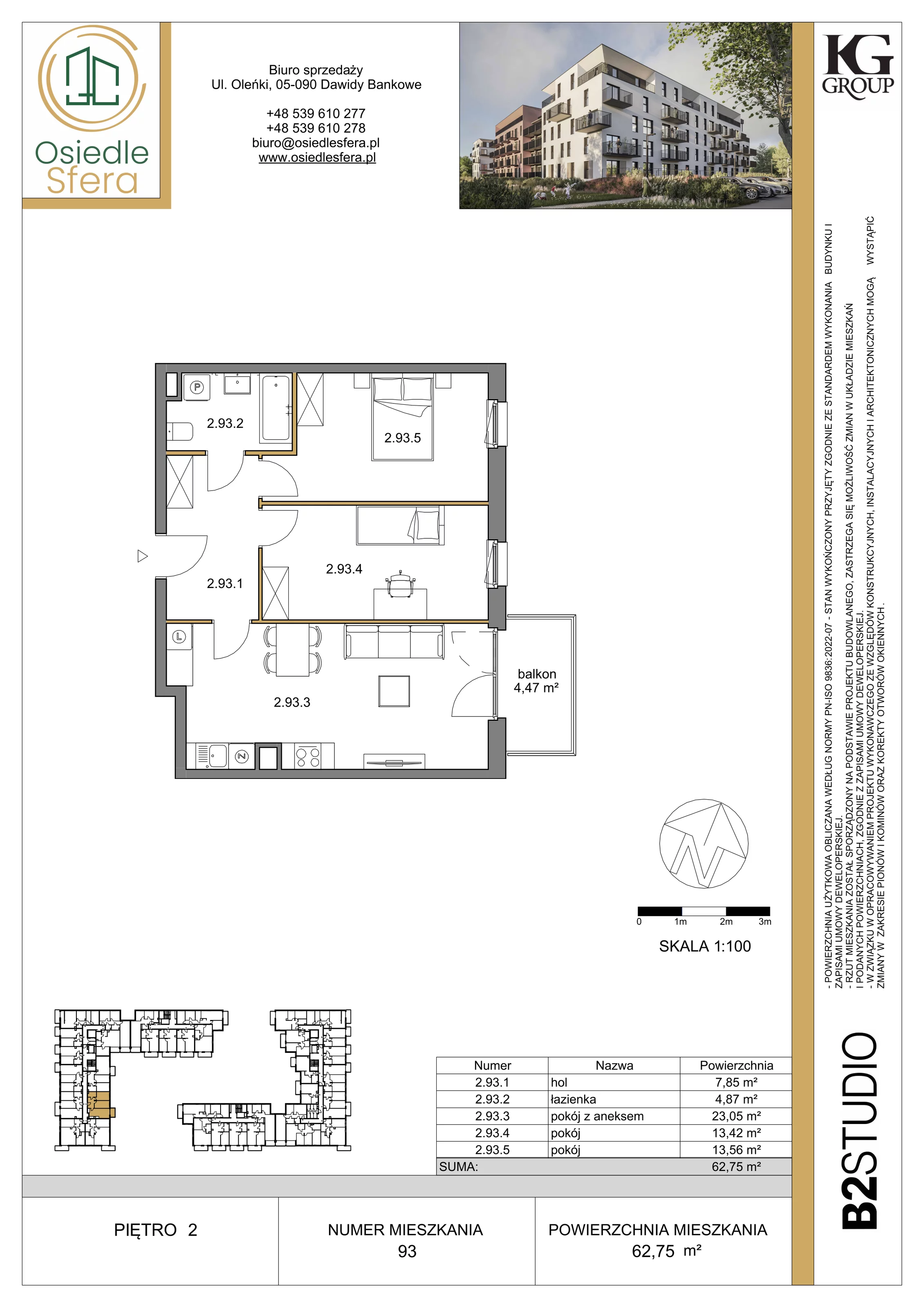 3 pokoje, mieszkanie 62,75 m², piętro 2, oferta nr 93, Osiedle Sfera - Etap II, Dawidy Bankowe, ul. Oleńki 14