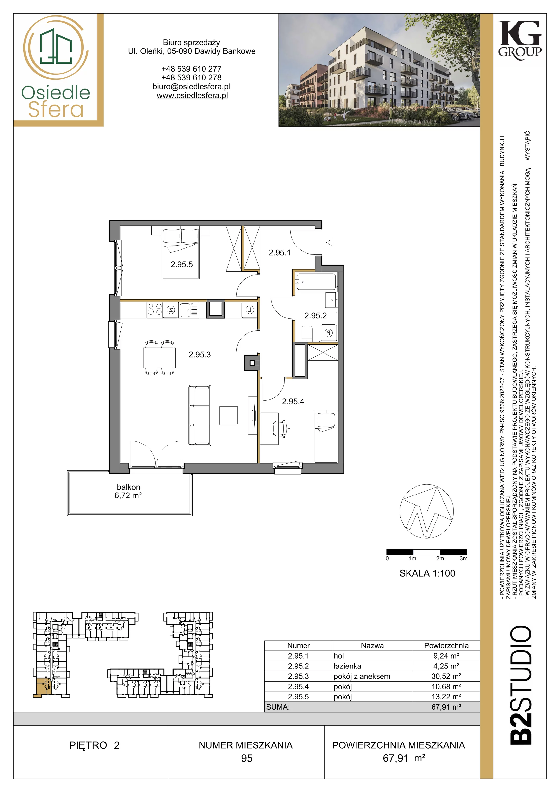 3 pokoje, mieszkanie 67,91 m², piętro 2, oferta nr 95, Osiedle Sfera - Etap II, Dawidy Bankowe, ul. Oleńki 14