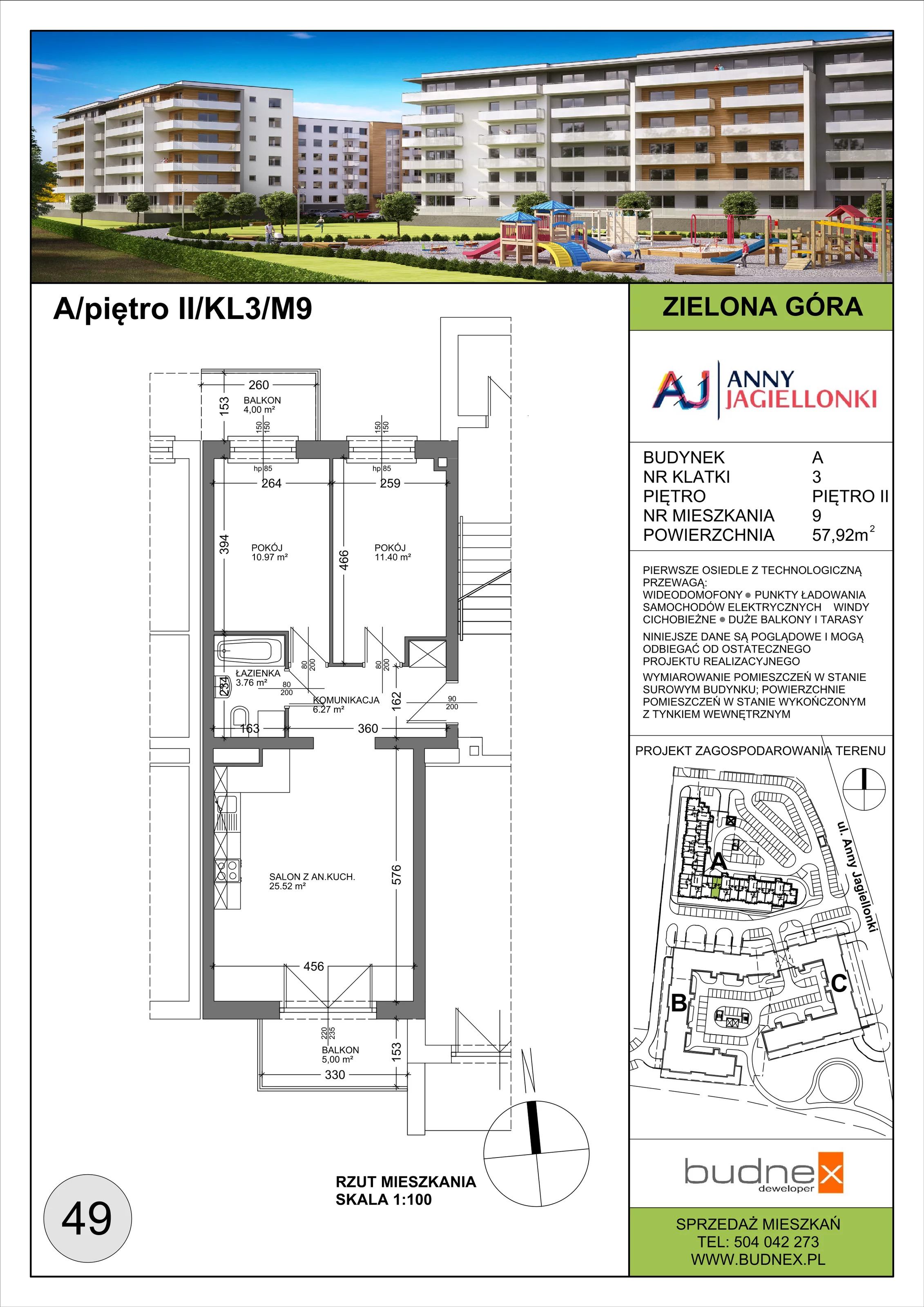 Mieszkanie 57,92 m², piętro 2, oferta nr 3/M9, Anny Jagiellonki - etap A, Zielona Góra, Osiedle Stefana Batorego, ul. Anny Jagiellonki