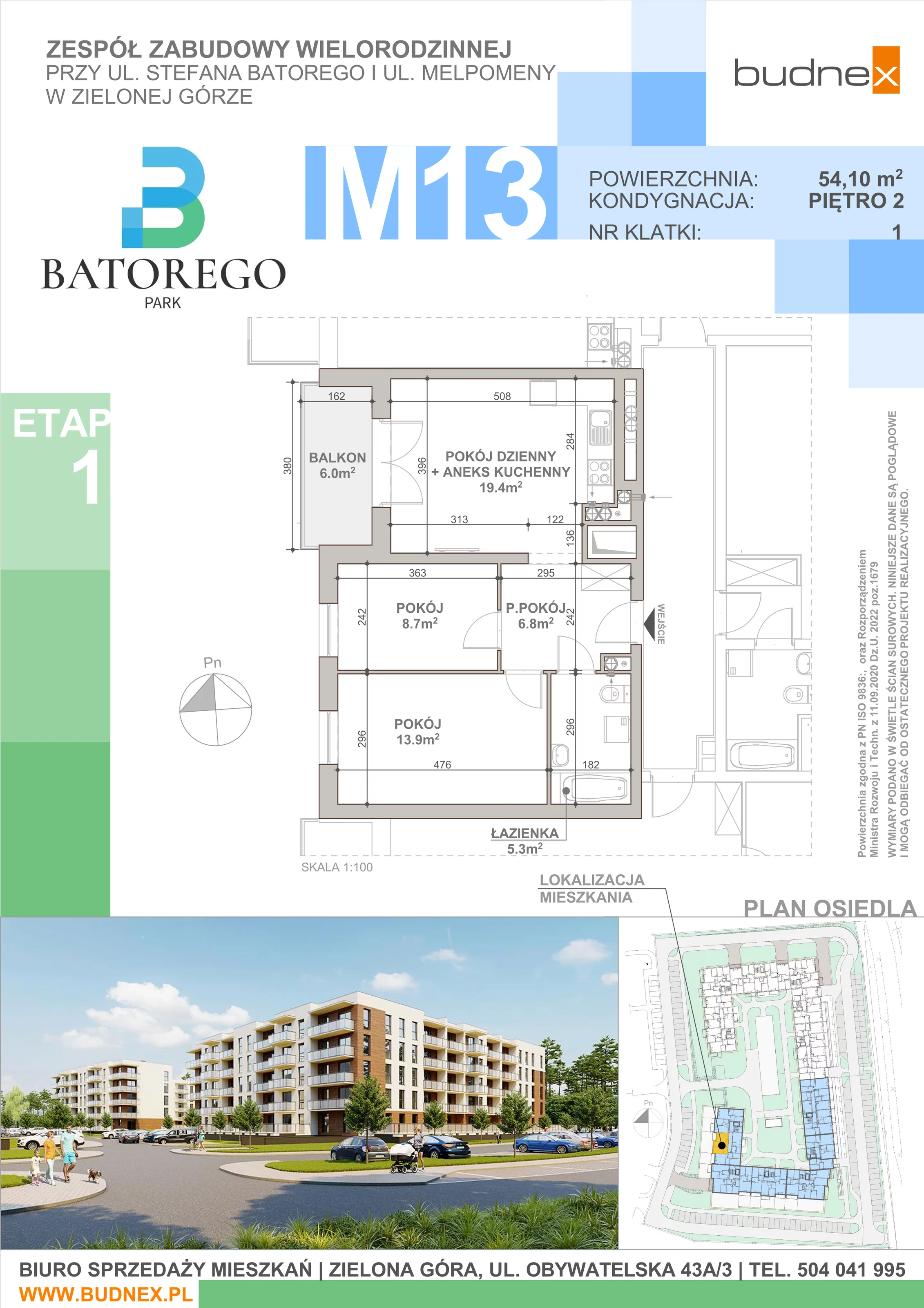 3 pokoje, mieszkanie 54,10 m², piętro 2, oferta nr 1/M13, Batorego Park - Etap 1, Zielona Góra, Osiedle na Olimpie, ul. Stefana Batorego