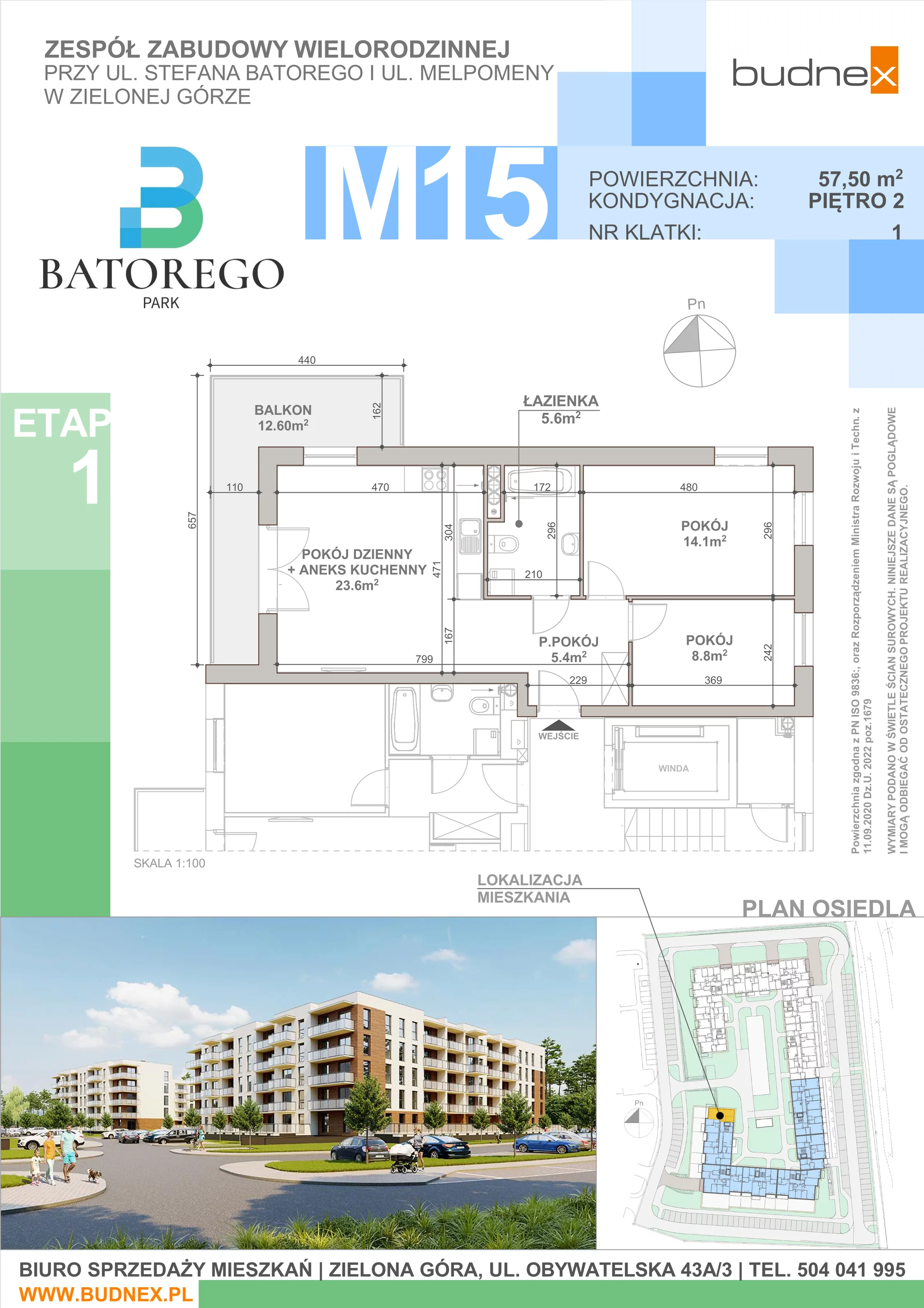 3 pokoje, mieszkanie 57,50 m², piętro 2, oferta nr 1/M15, Batorego Park - Etap 1, Zielona Góra, Osiedle na Olimpie, ul. Stefana Batorego
