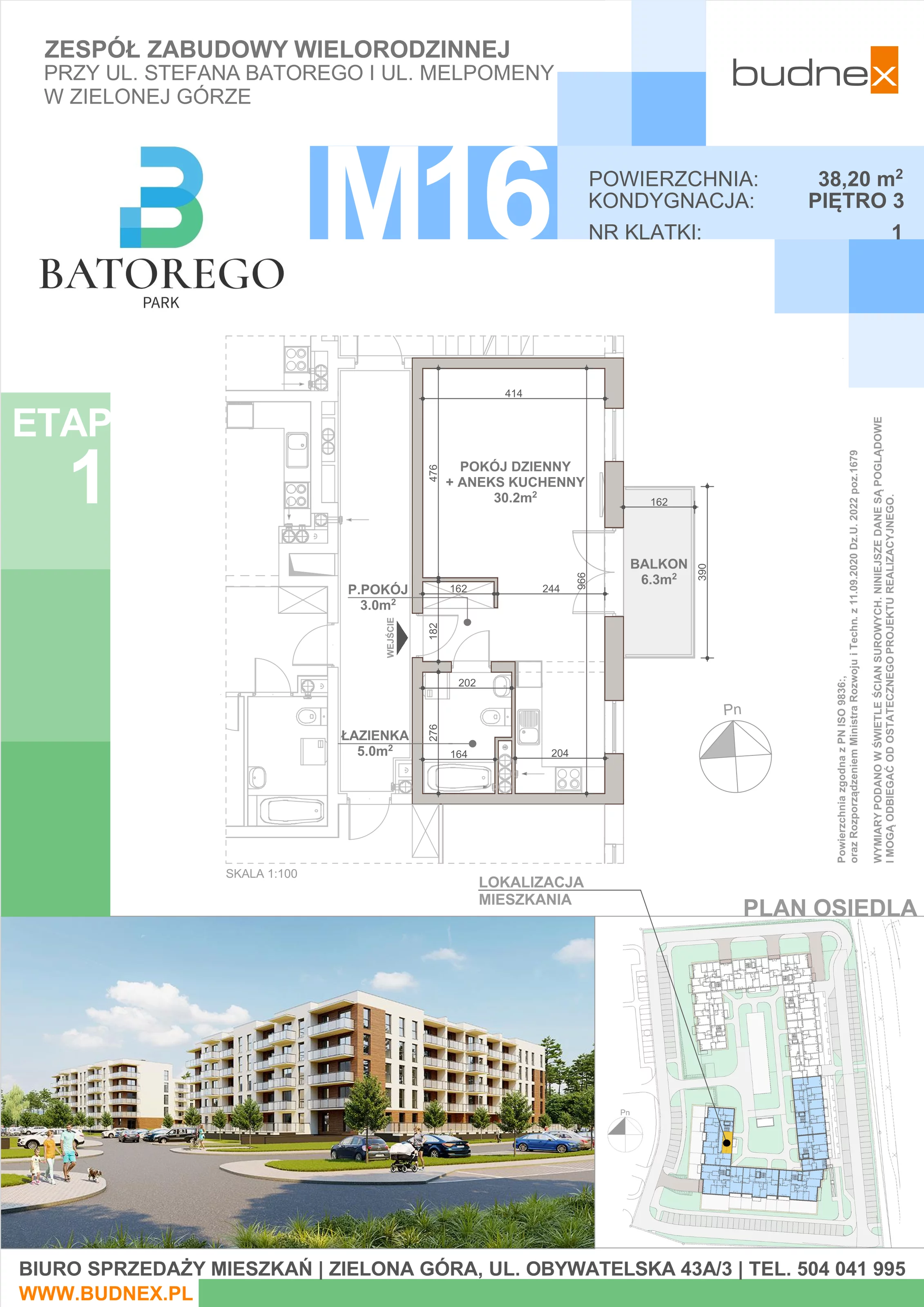 1 pokój, mieszkanie 38,20 m², piętro 3, oferta nr 1/M16, Batorego Park - Etap 1, Zielona Góra, Osiedle na Olimpie, ul. Stefana Batorego