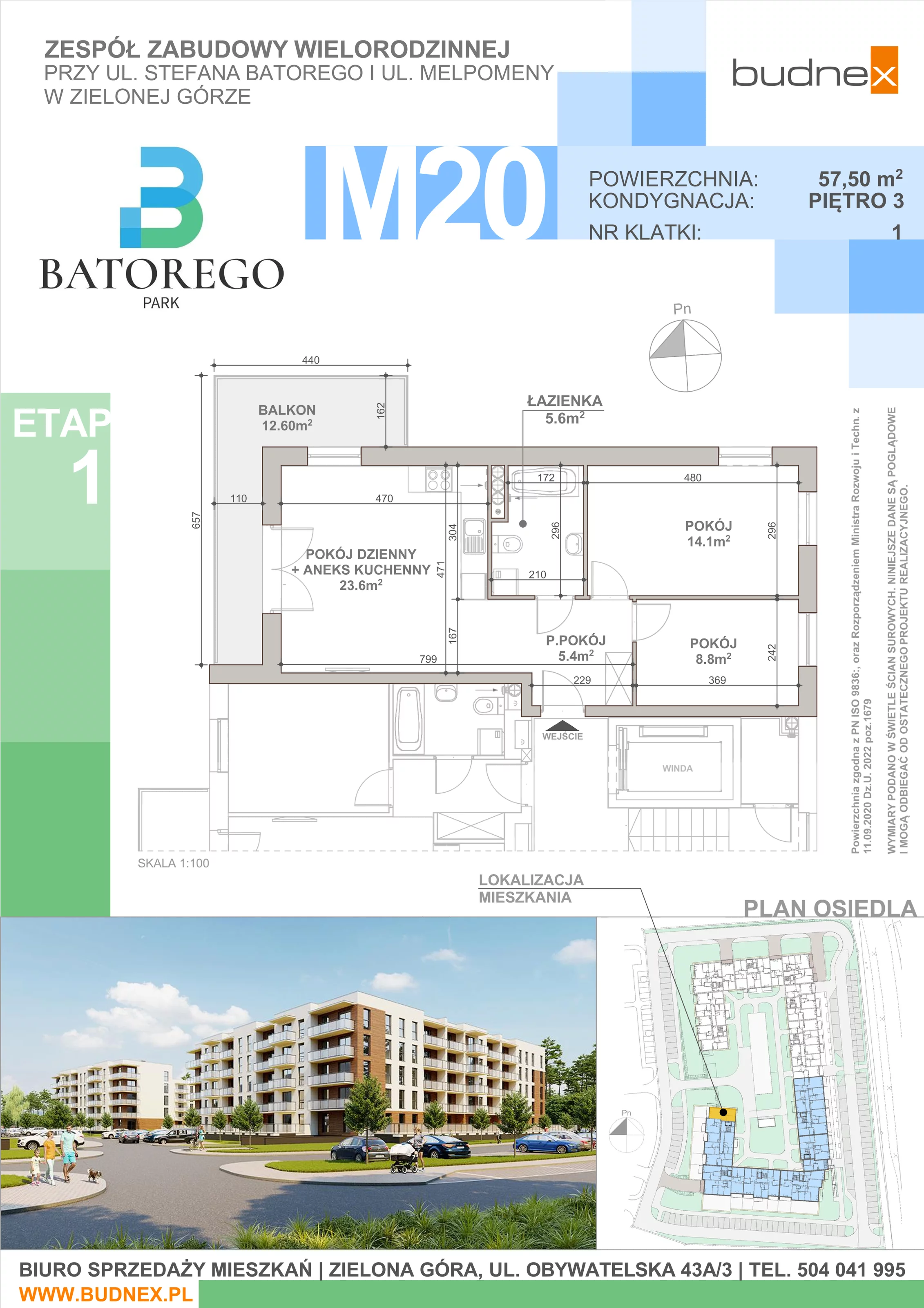 3 pokoje, mieszkanie 57,50 m², piętro 3, oferta nr 1/M20, Batorego Park - Etap 1, Zielona Góra, Osiedle na Olimpie, ul. Stefana Batorego