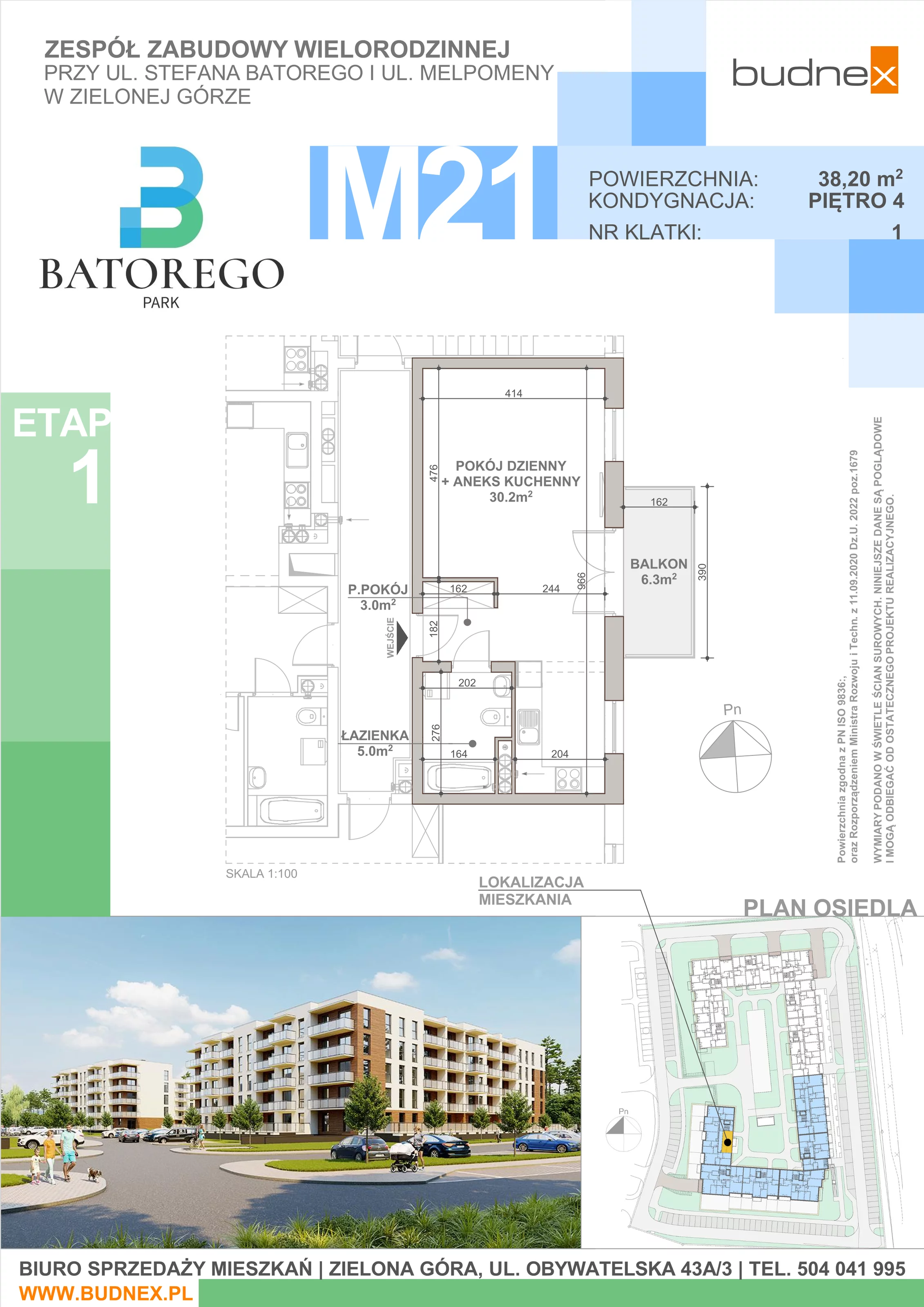 1 pokój, mieszkanie 38,20 m², piętro 4, oferta nr 1/M21, Batorego Park - Etap 1, Zielona Góra, Osiedle na Olimpie, ul. Stefana Batorego