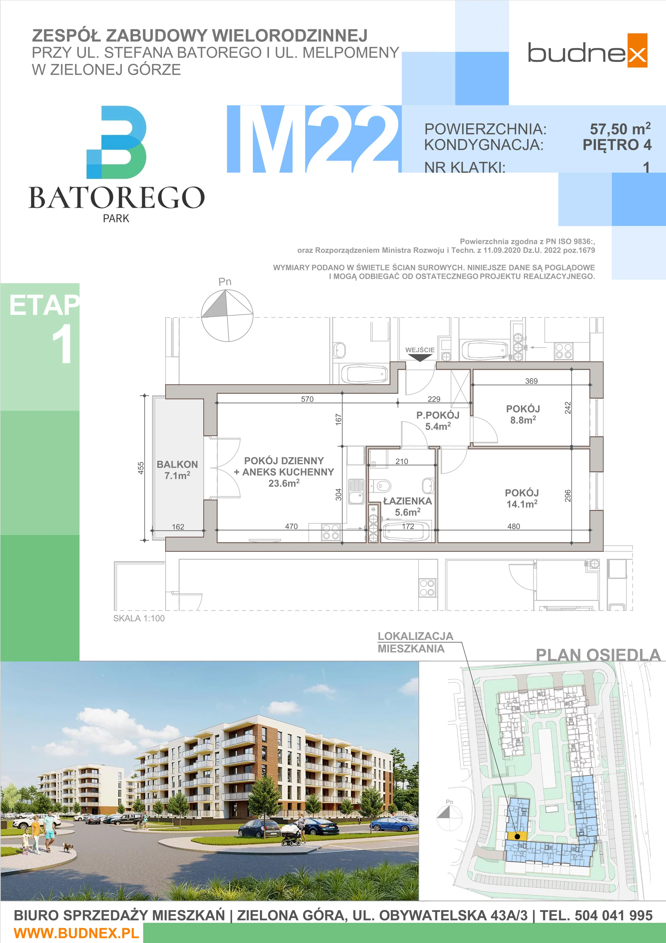 3 pokoje, mieszkanie 57,50 m², piętro 4, oferta nr 1/M22, Batorego Park - Etap 1, Zielona Góra, Osiedle na Olimpie, ul. Stefana Batorego