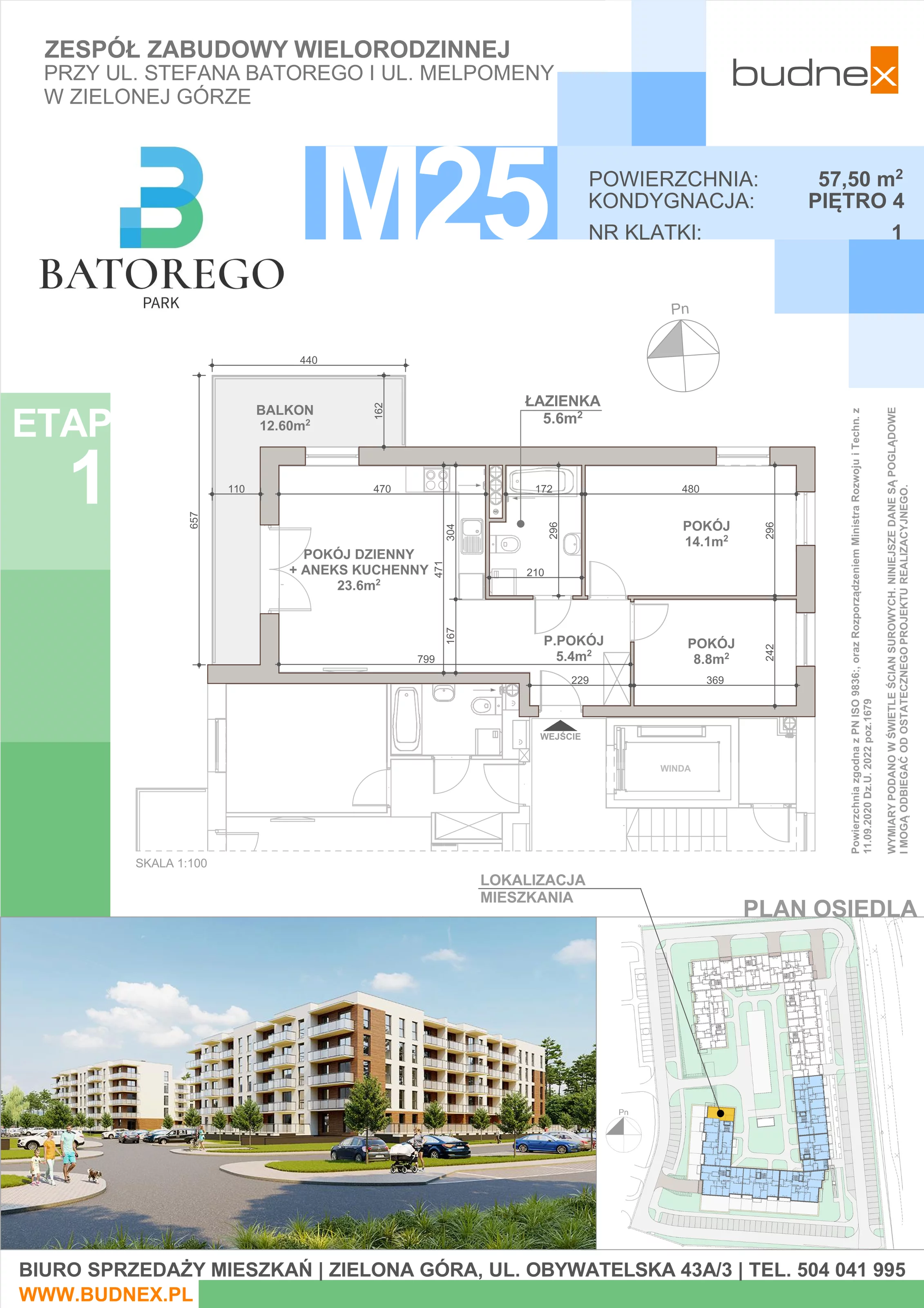 3 pokoje, mieszkanie 57,50 m², piętro 4, oferta nr 1/M25, Batorego Park - Etap 1, Zielona Góra, Osiedle na Olimpie, ul. Stefana Batorego