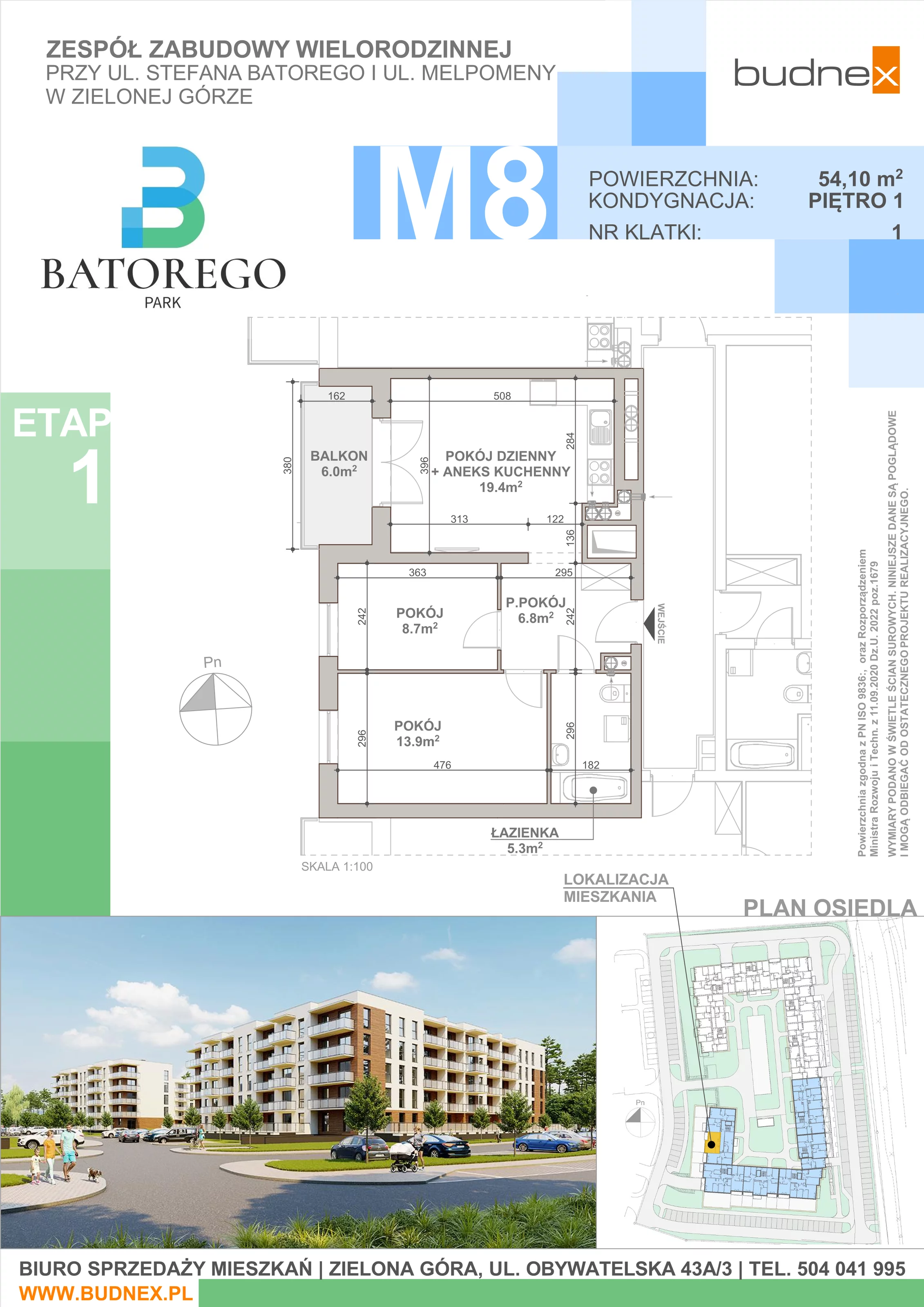 3 pokoje, mieszkanie 54,10 m², piętro 1, oferta nr 1/M8, Batorego Park - Etap 1, Zielona Góra, Osiedle na Olimpie, ul. Stefana Batorego