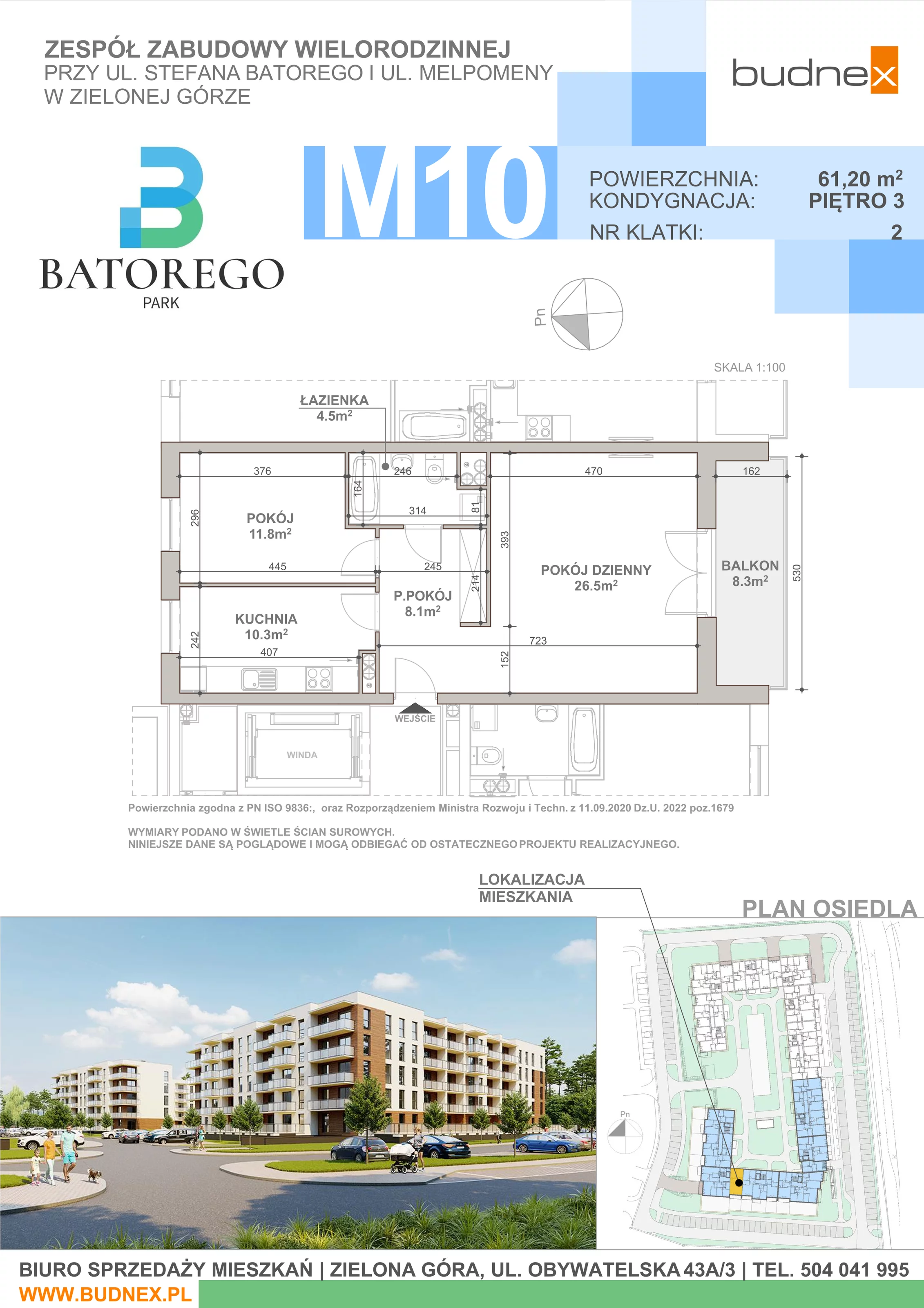 2 pokoje, mieszkanie 61,20 m², piętro 3, oferta nr 2/M10, Batorego Park - Etap 1, Zielona Góra, Osiedle na Olimpie, ul. Stefana Batorego