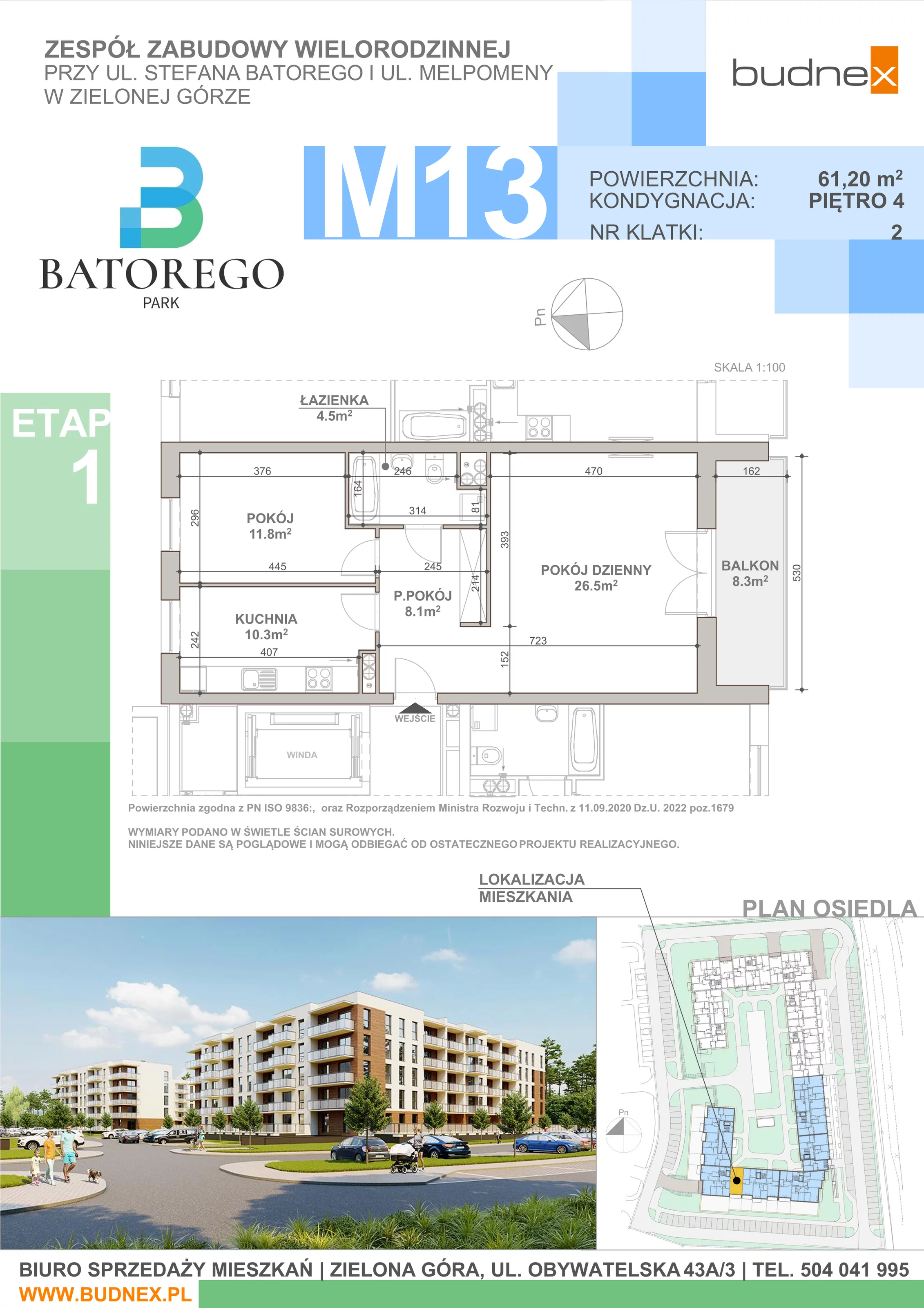 2 pokoje, mieszkanie 61,20 m², piętro 4, oferta nr 2/M13, Batorego Park - Etap 1, Zielona Góra, Osiedle na Olimpie, ul. Stefana Batorego