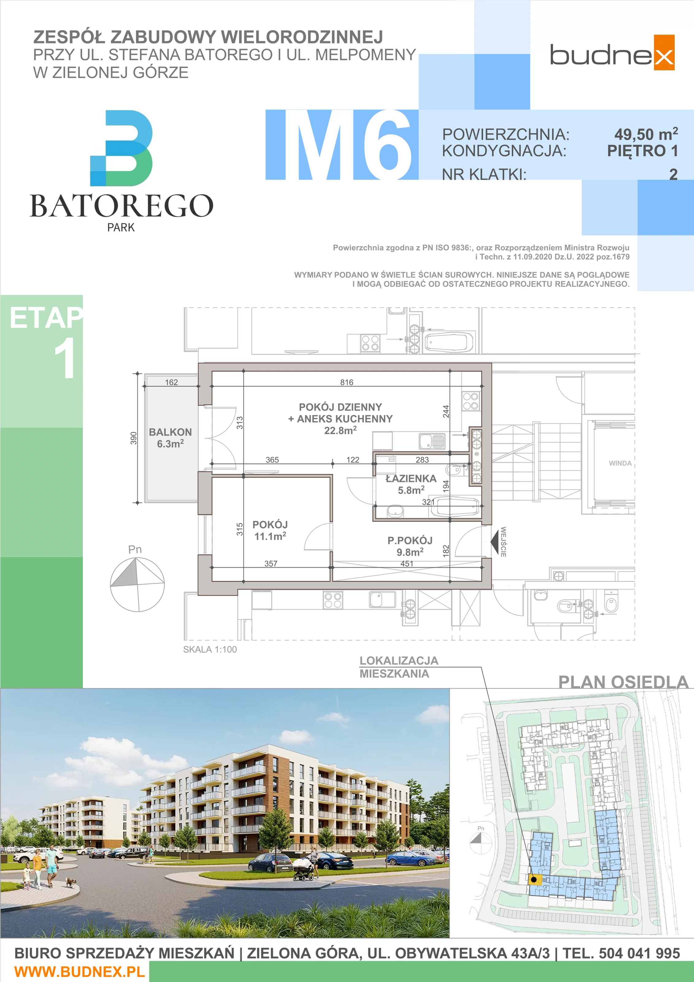 2 pokoje, mieszkanie 49,50 m², piętro 1, oferta nr 2/M6, Batorego Park - Etap 1, Zielona Góra, Osiedle na Olimpie, ul. Stefana Batorego