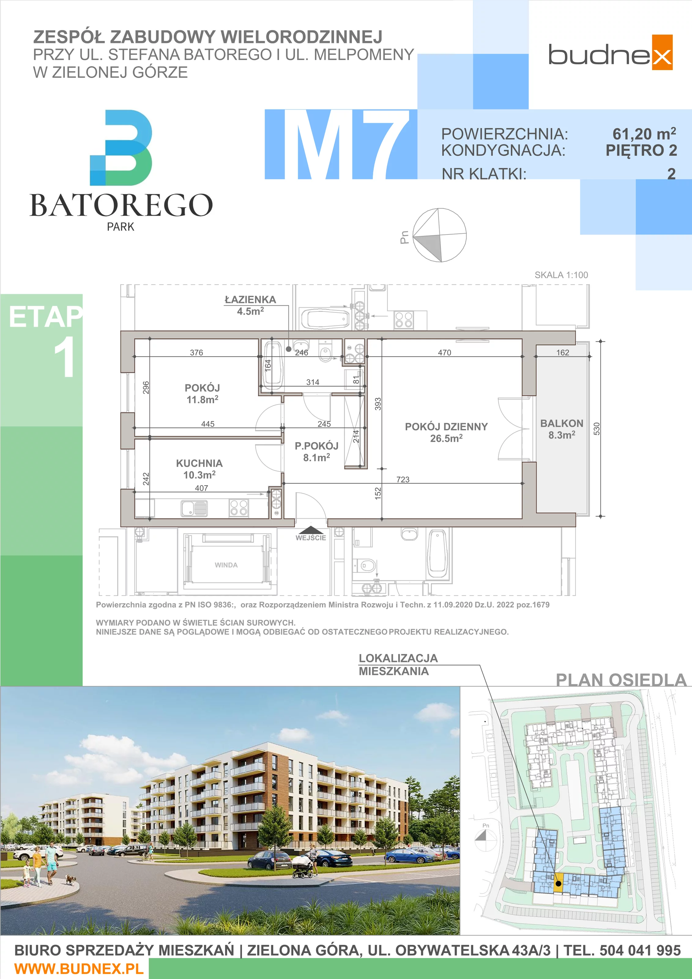 2 pokoje, mieszkanie 61,20 m², piętro 2, oferta nr 2/M7, Batorego Park - Etap 1, Zielona Góra, Osiedle na Olimpie, ul. Stefana Batorego