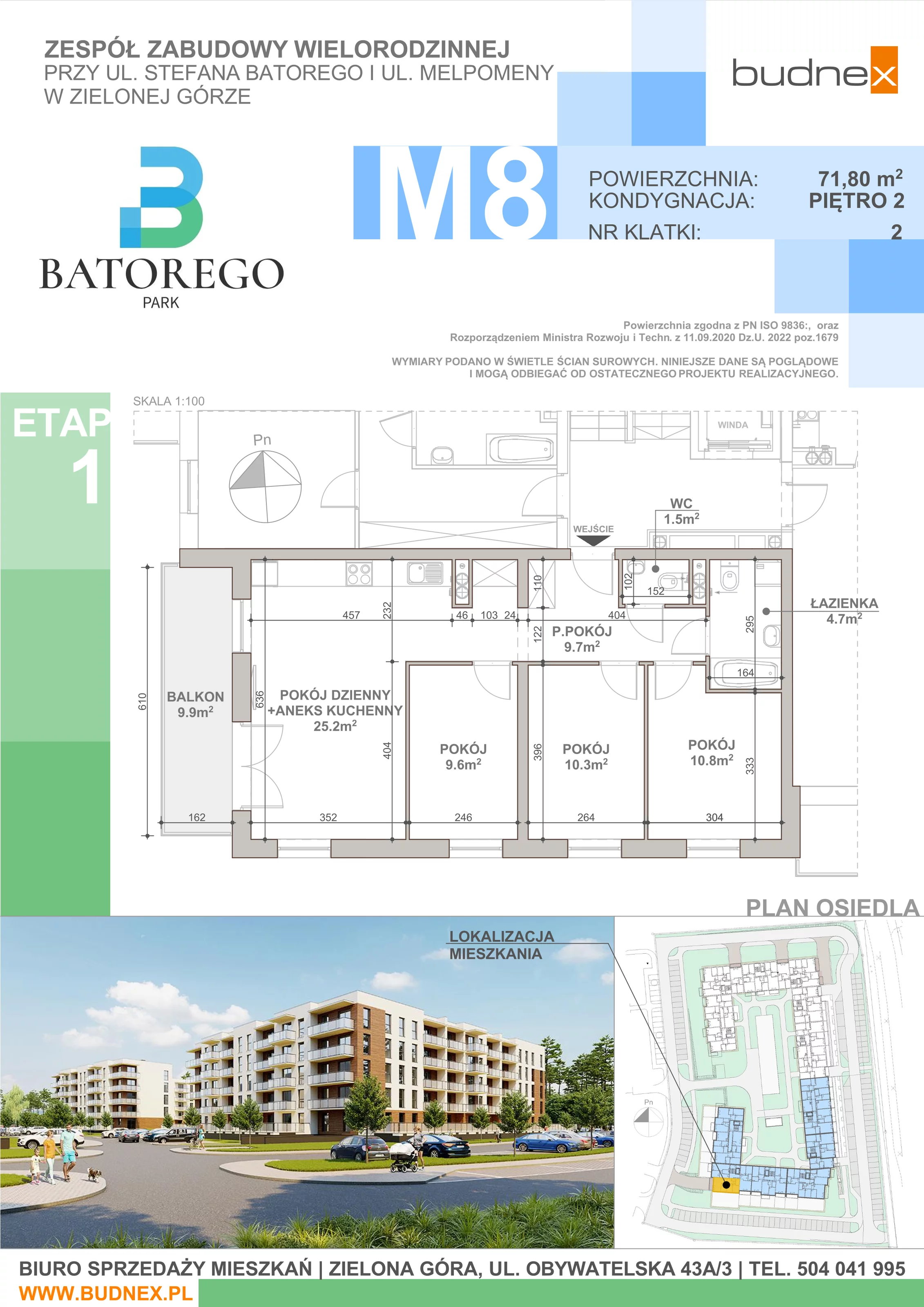 4 pokoje, mieszkanie 71,80 m², piętro 2, oferta nr 2/M8, Batorego Park - Etap 1, Zielona Góra, Osiedle na Olimpie, ul. Stefana Batorego
