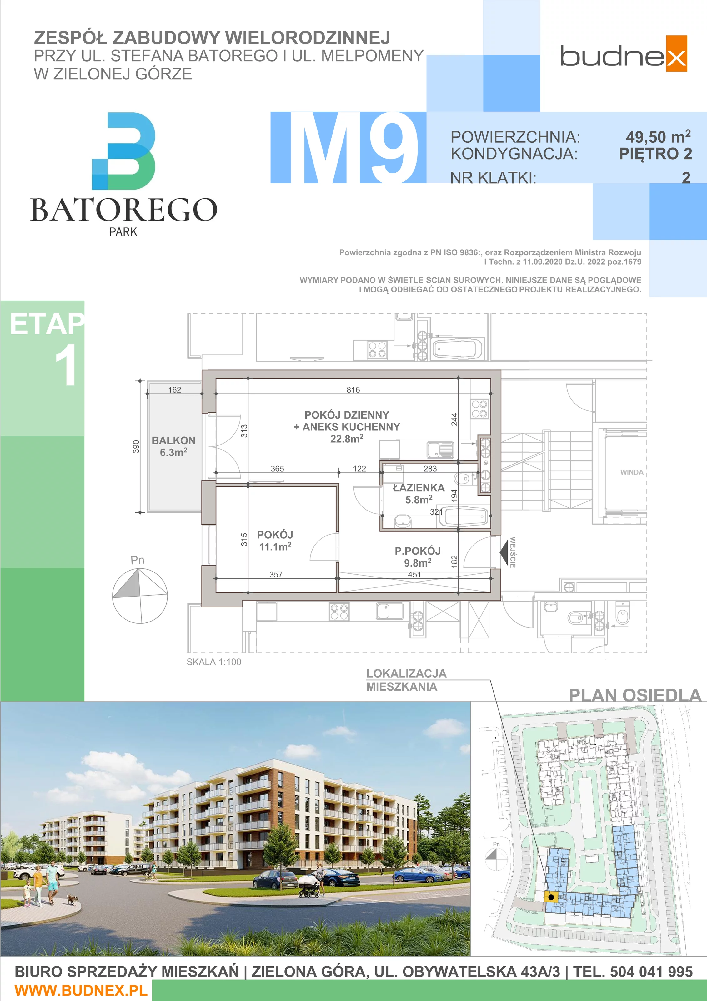 2 pokoje, mieszkanie 49,50 m², piętro 2, oferta nr 2/M9, Batorego Park - Etap 1, Zielona Góra, Osiedle na Olimpie, ul. Stefana Batorego