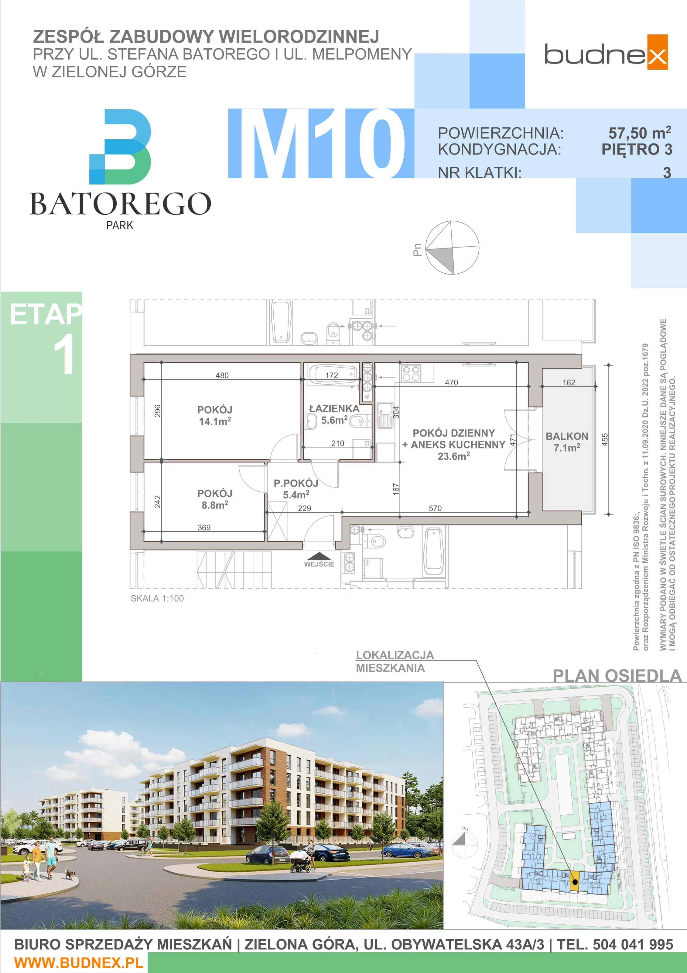 3 pokoje, mieszkanie 57,50 m², piętro 3, oferta nr 3/M10, Batorego Park - Etap 1, Zielona Góra, Osiedle na Olimpie, ul. Stefana Batorego