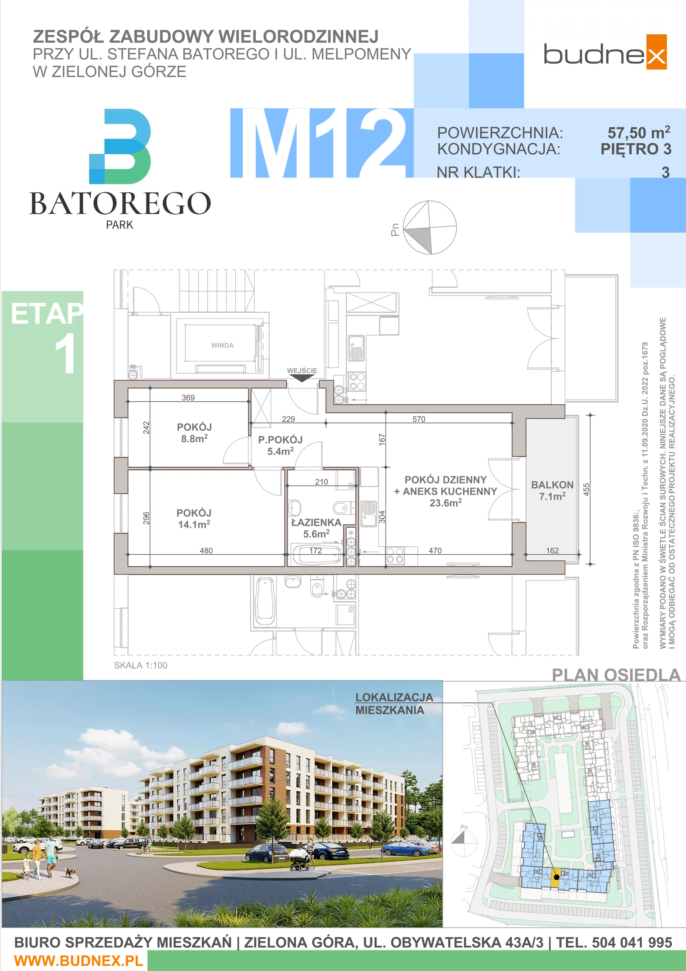 3 pokoje, mieszkanie 57,50 m², piętro 3, oferta nr 3/M12, Batorego Park - Etap 1, Zielona Góra, Osiedle na Olimpie, ul. Stefana Batorego