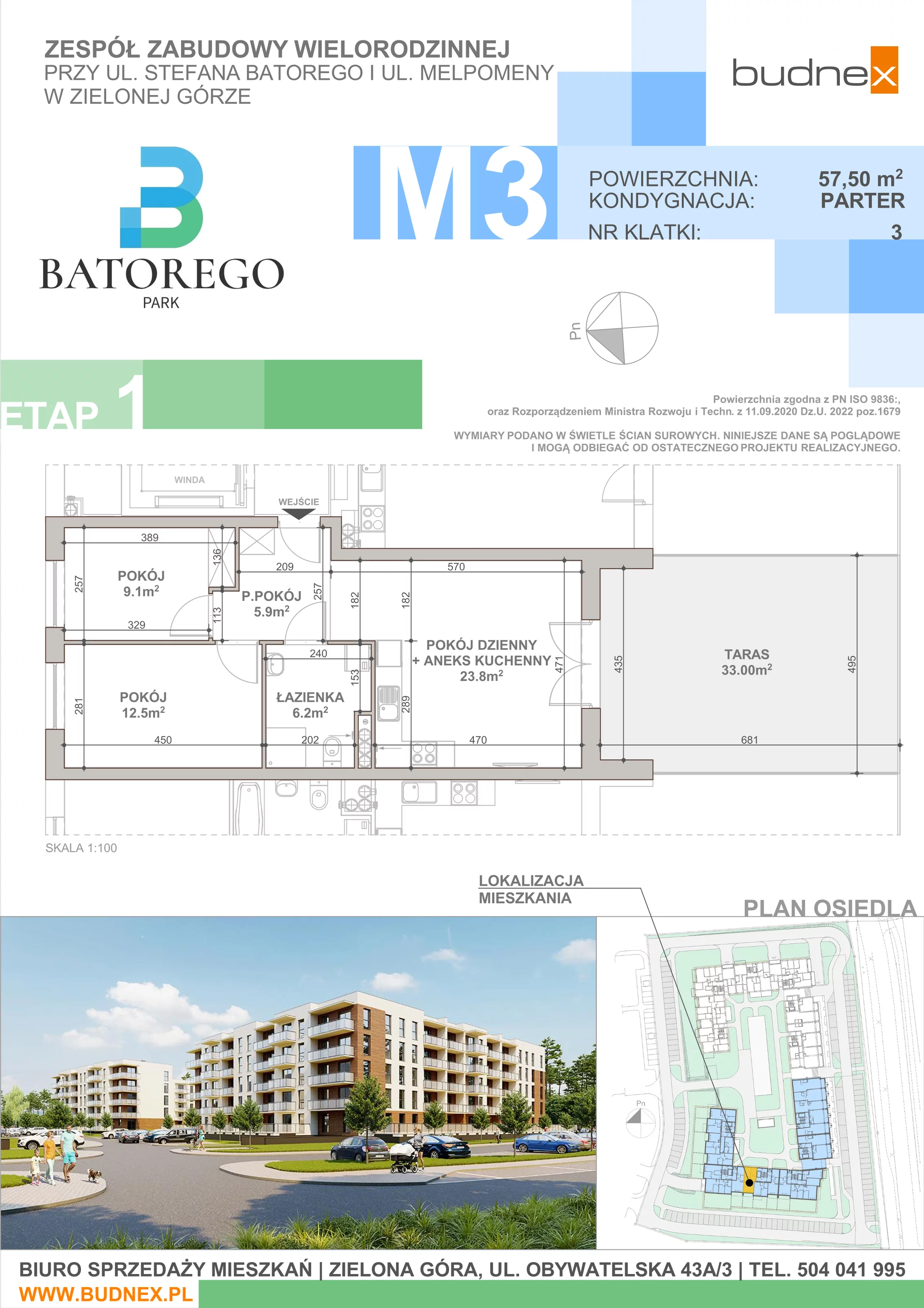 3 pokoje, mieszkanie 57,50 m², parter, oferta nr 3/M3, Batorego Park - Etap 1, Zielona Góra, Osiedle na Olimpie, ul. Stefana Batorego