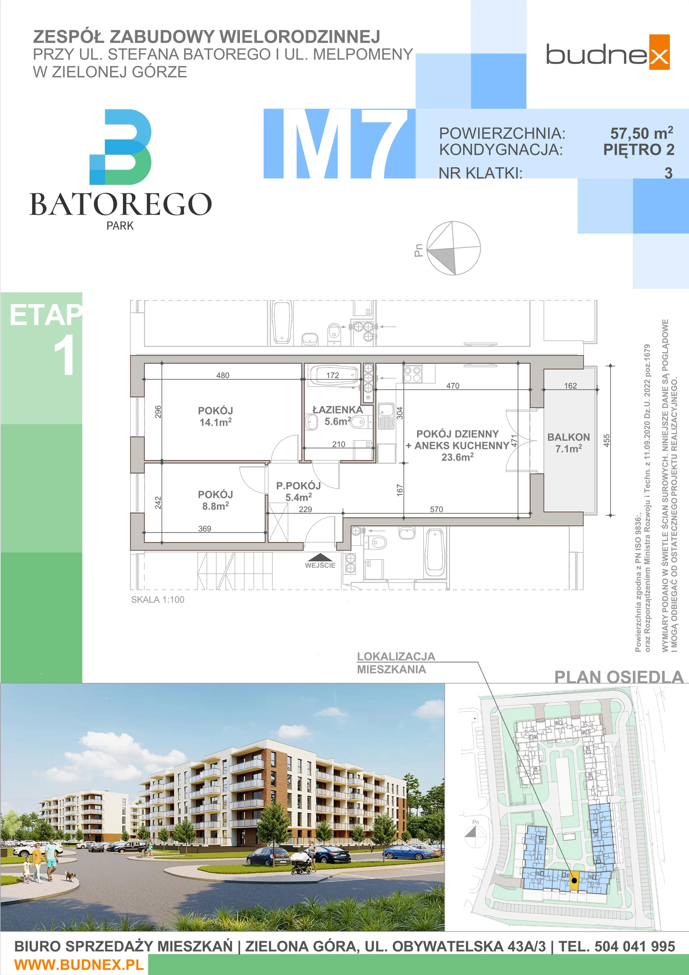 3 pokoje, mieszkanie 57,50 m², piętro 2, oferta nr 3/M7, Batorego Park - Etap 1, Zielona Góra, Osiedle na Olimpie, ul. Stefana Batorego