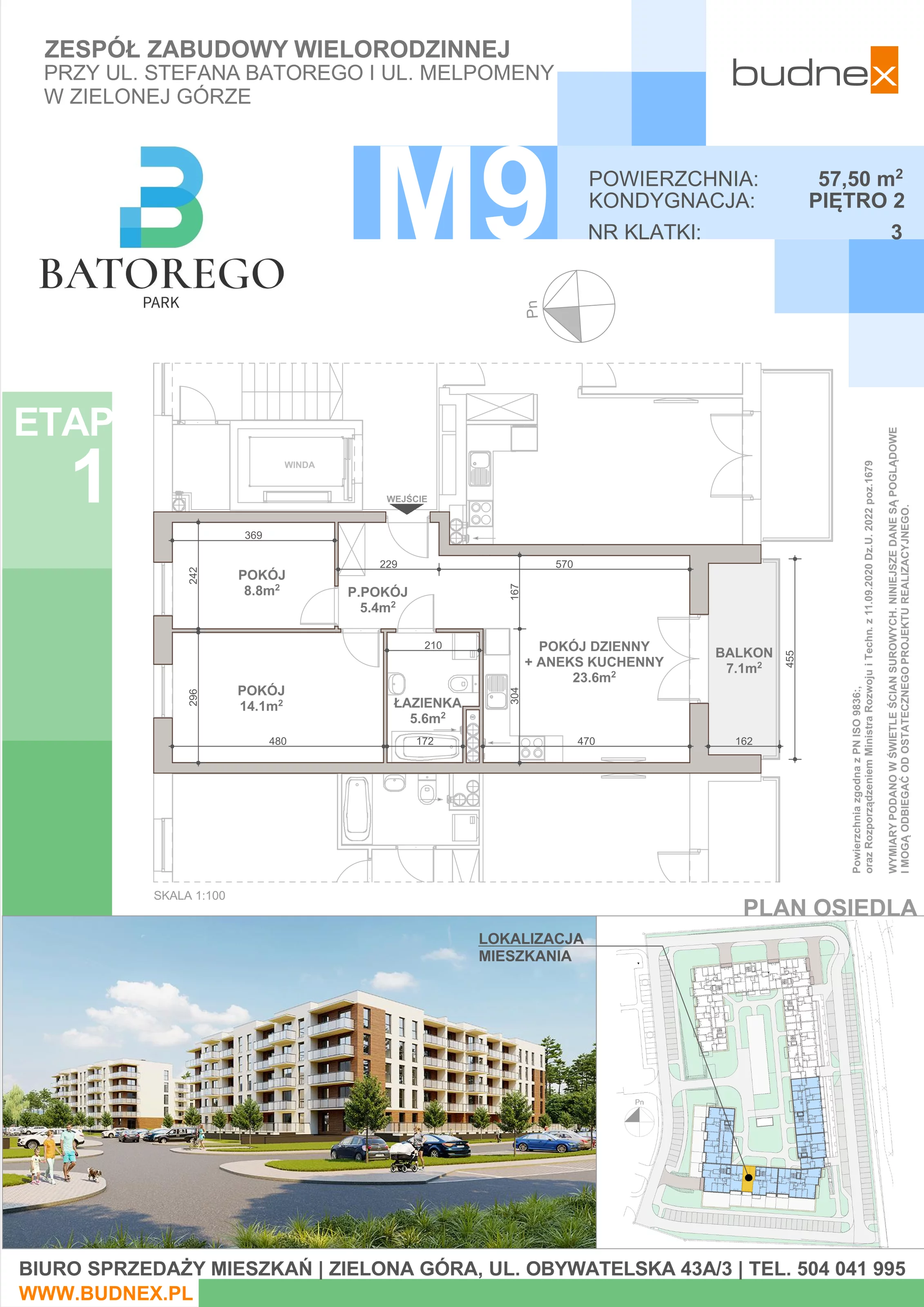 3 pokoje, mieszkanie 57,50 m², piętro 2, oferta nr 3/M9, Batorego Park - Etap 1, Zielona Góra, Osiedle na Olimpie, ul. Stefana Batorego