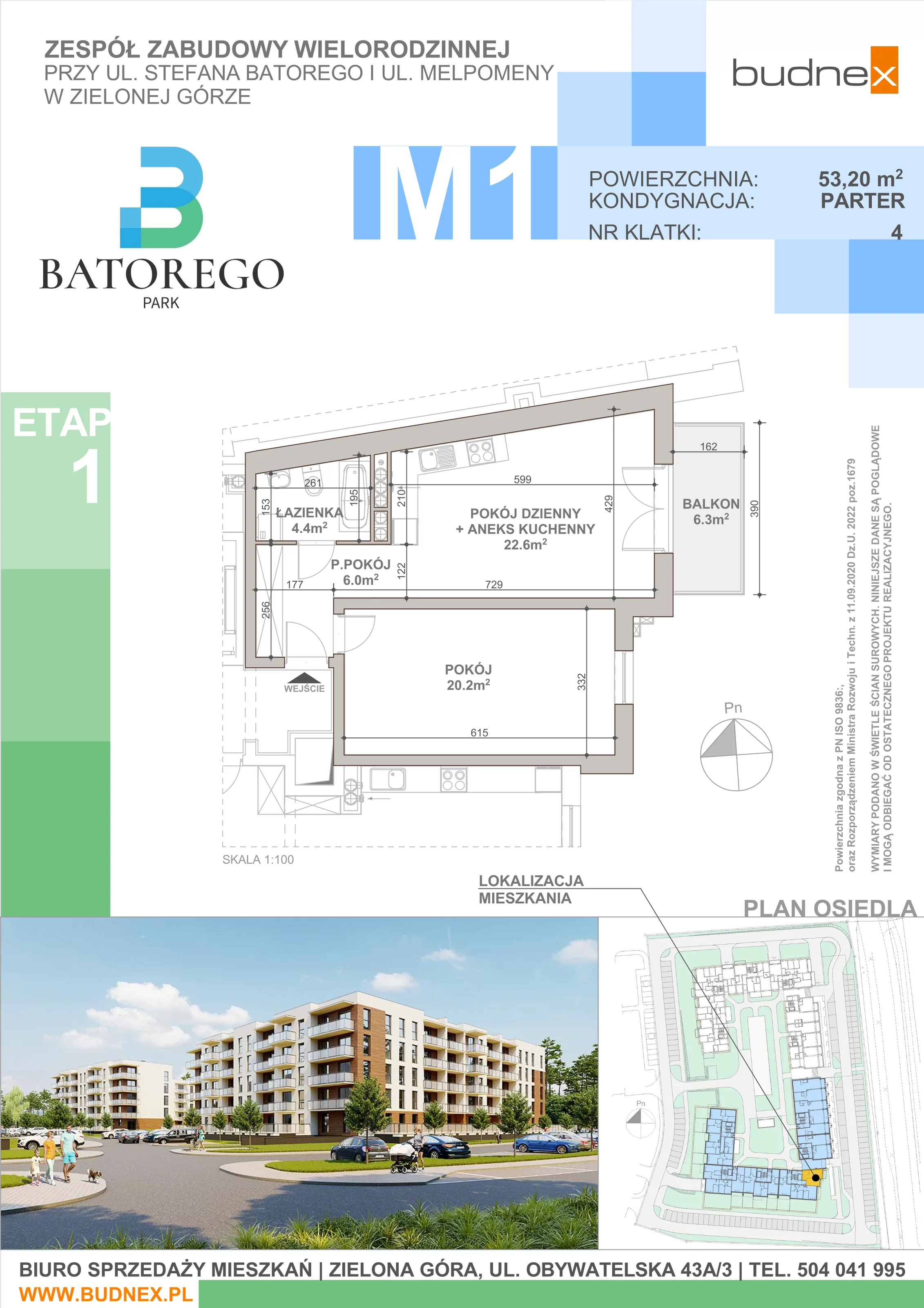 2 pokoje, mieszkanie 53,20 m², parter, oferta nr 4/M1, Batorego Park - Etap 1, Zielona Góra, Osiedle na Olimpie, ul. Stefana Batorego