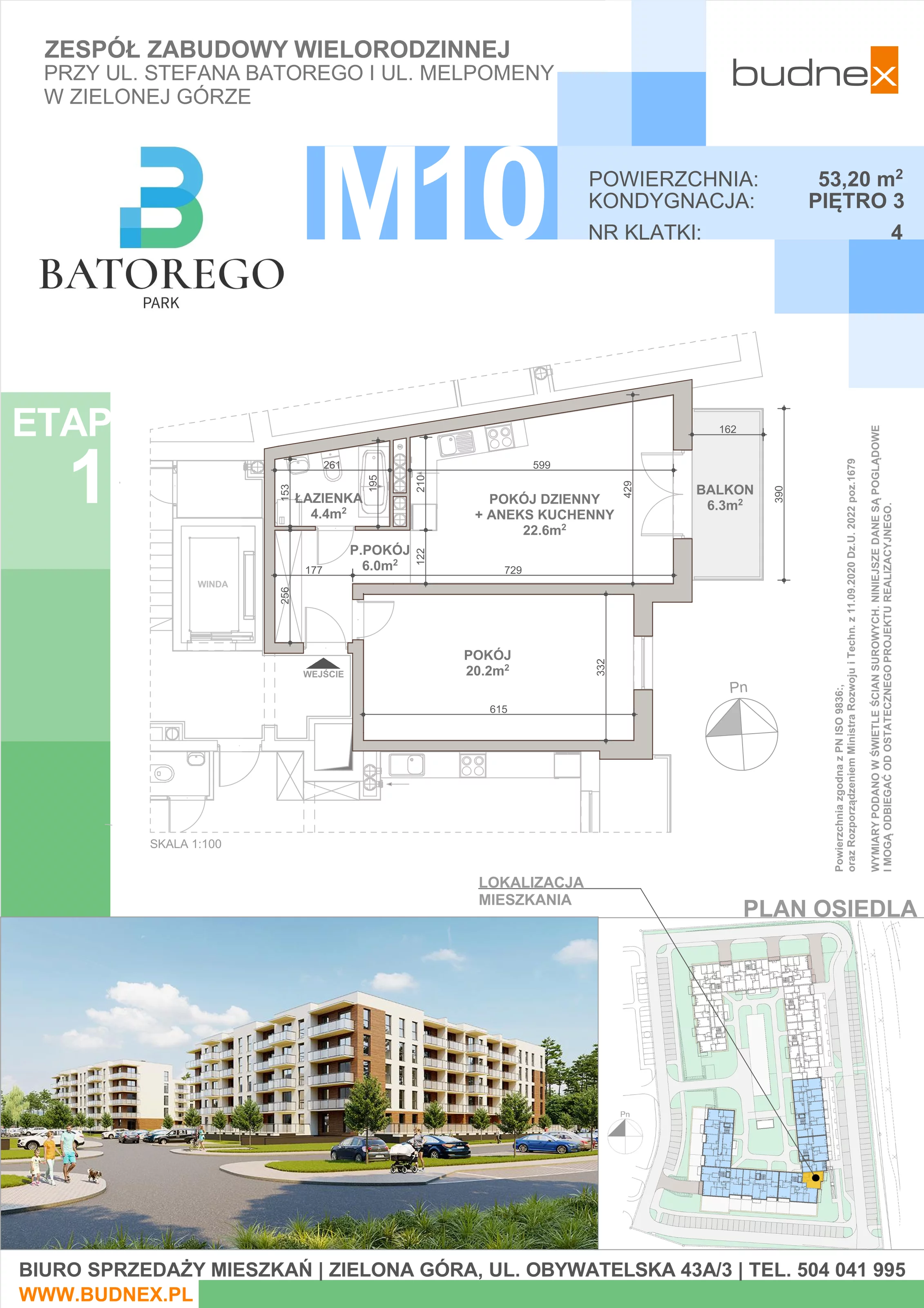 2 pokoje, mieszkanie 53,20 m², piętro 3, oferta nr 4/M10, Batorego Park - Etap 1, Zielona Góra, Osiedle na Olimpie, ul. Stefana Batorego