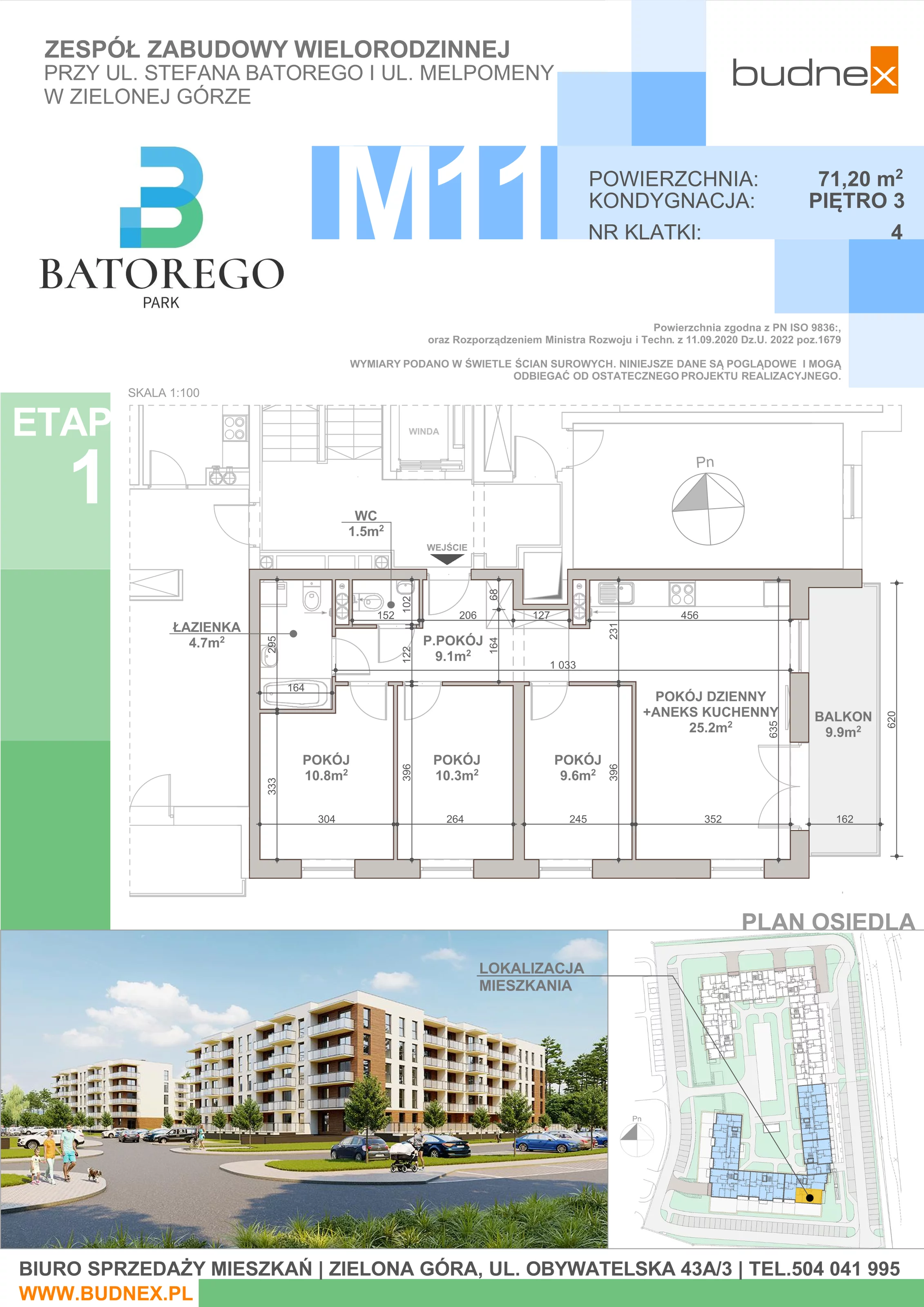 4 pokoje, mieszkanie 71,20 m², piętro 3, oferta nr 4/M11, Batorego Park - Etap 1, Zielona Góra, Osiedle na Olimpie, ul. Stefana Batorego