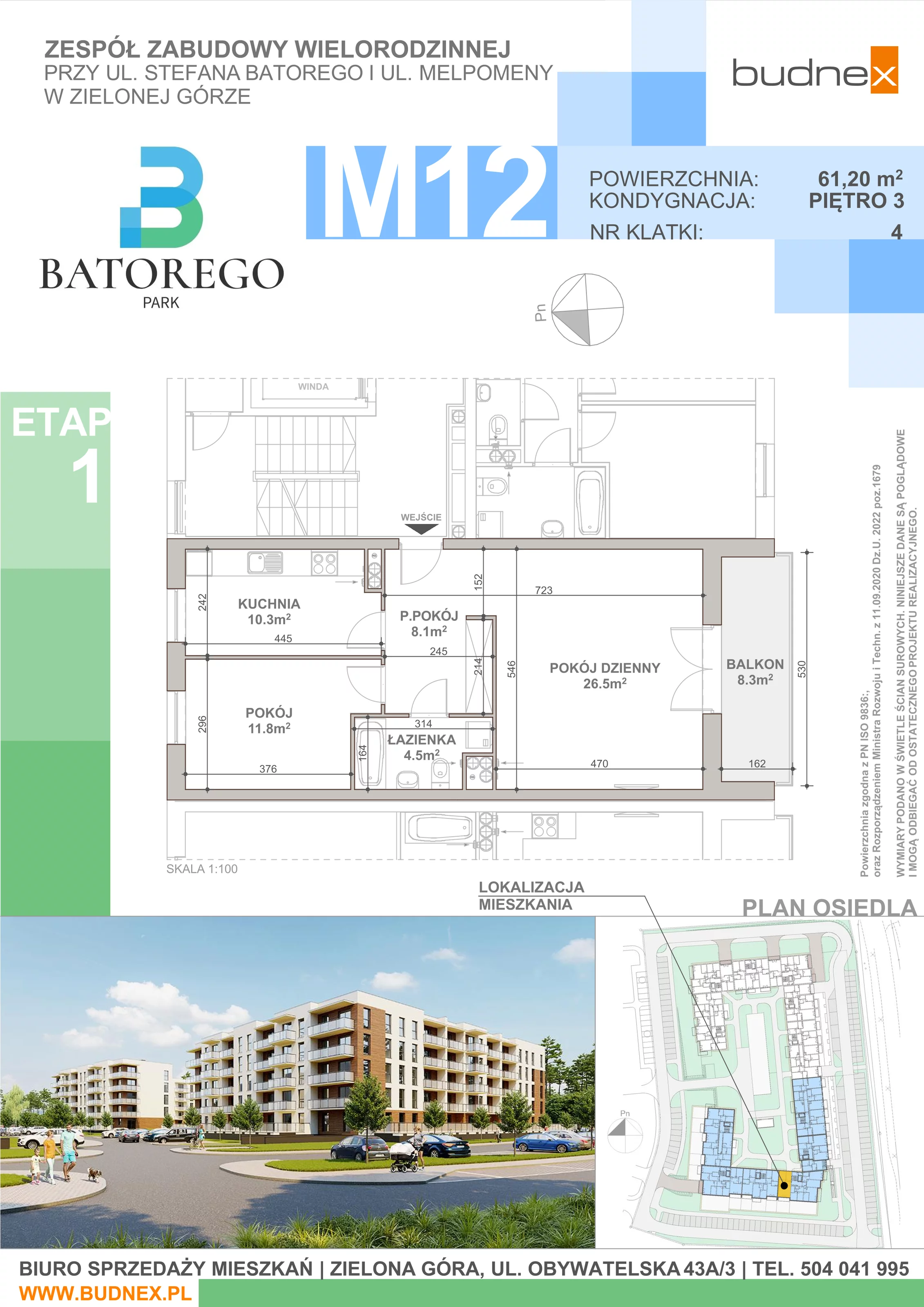 2 pokoje, mieszkanie 61,20 m², piętro 3, oferta nr 4/M12, Batorego Park - Etap 1, Zielona Góra, Osiedle na Olimpie, ul. Stefana Batorego
