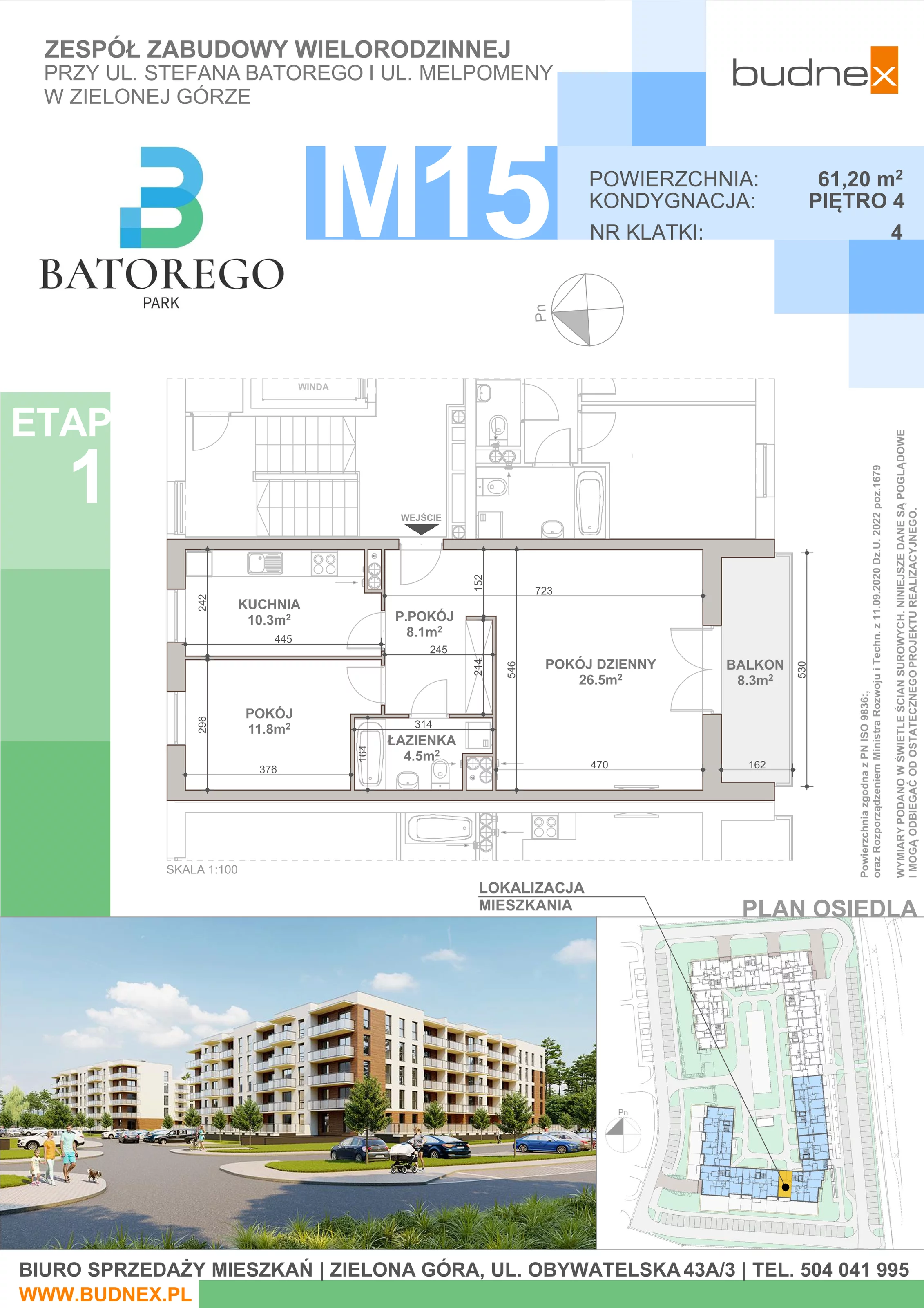 2 pokoje, mieszkanie 61,20 m², piętro 4, oferta nr 4/M15, Batorego Park - Etap 1, Zielona Góra, Osiedle na Olimpie, ul. Stefana Batorego