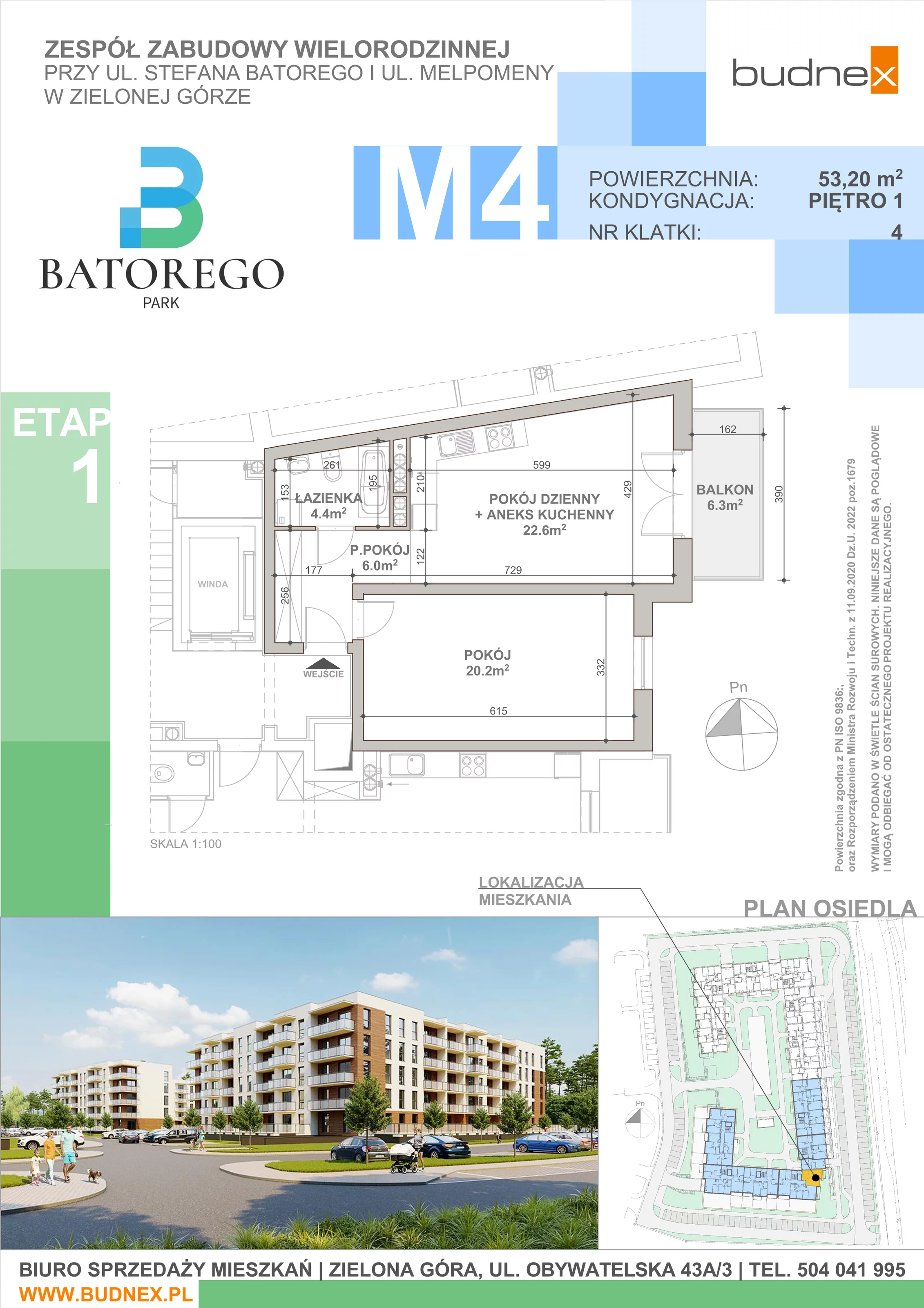 2 pokoje, mieszkanie 53,20 m², piętro 1, oferta nr 4/M4, Batorego Park - Etap 1, Zielona Góra, Osiedle na Olimpie, ul. Stefana Batorego