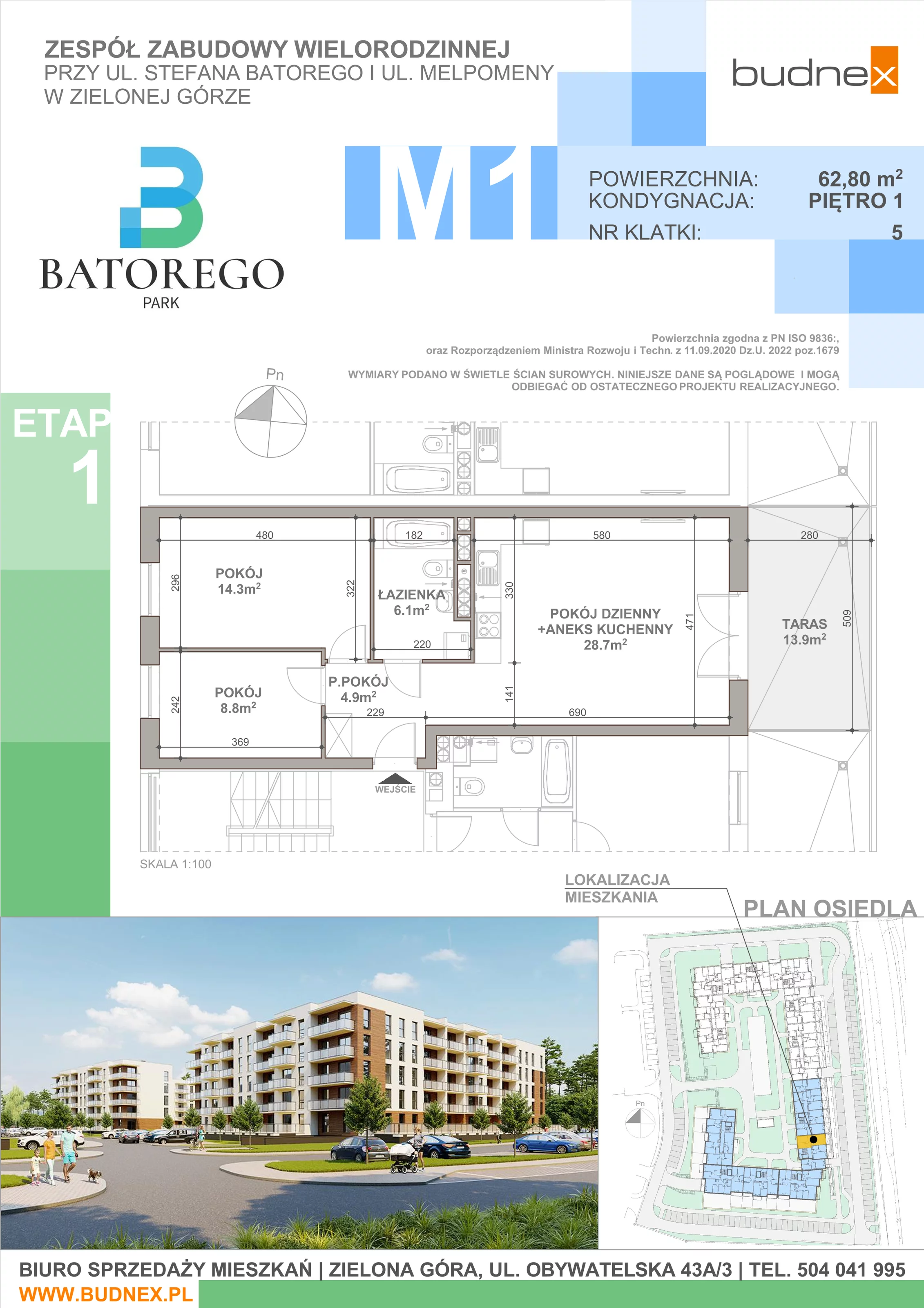 3 pokoje, mieszkanie 62,80 m², piętro 1, oferta nr 5/M1, Batorego Park - Etap 1, Zielona Góra, Osiedle na Olimpie, ul. Stefana Batorego