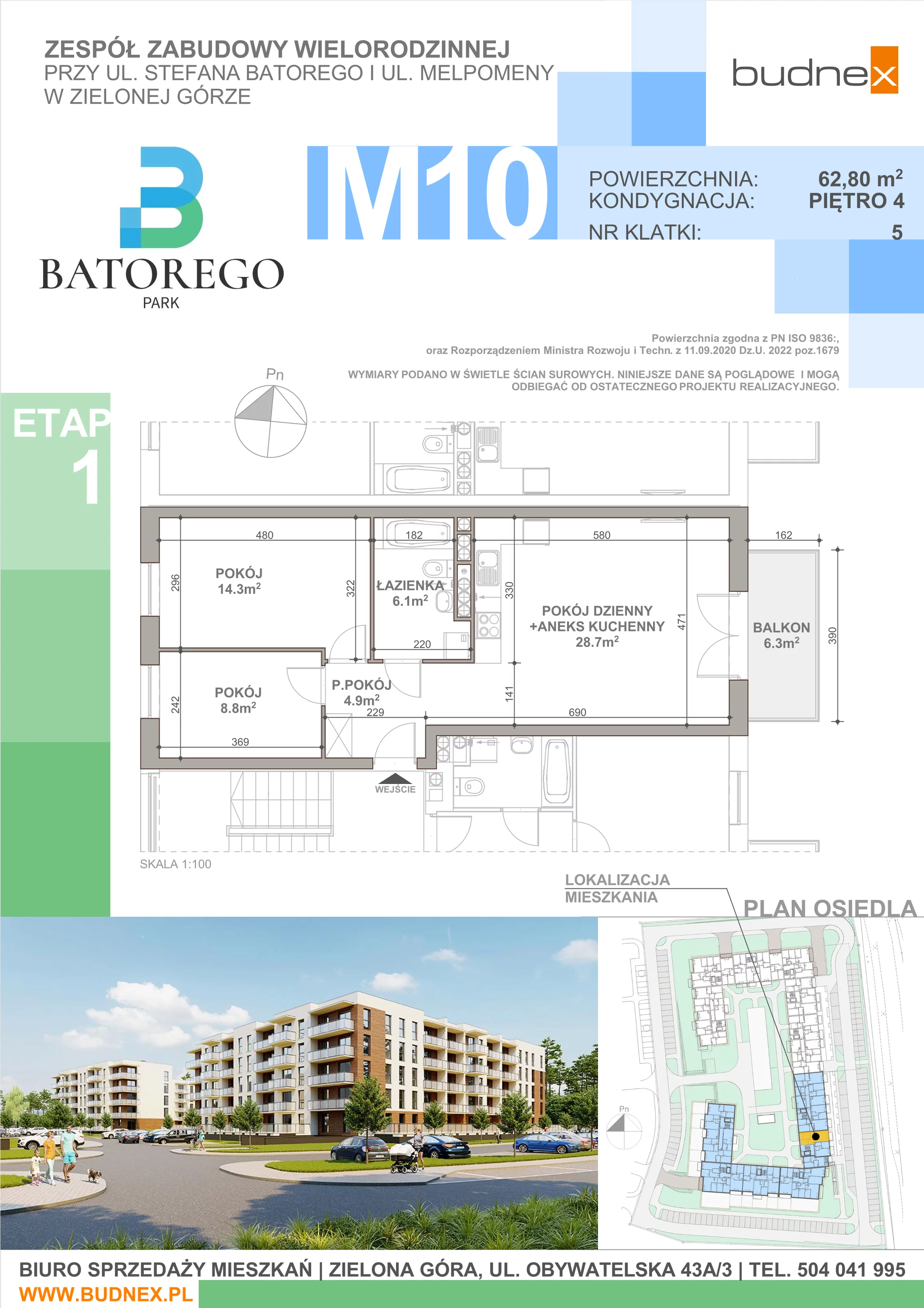 3 pokoje, mieszkanie 62,80 m², piętro 4, oferta nr 5/M10, Batorego Park - Etap 1, Zielona Góra, Osiedle na Olimpie, ul. Stefana Batorego