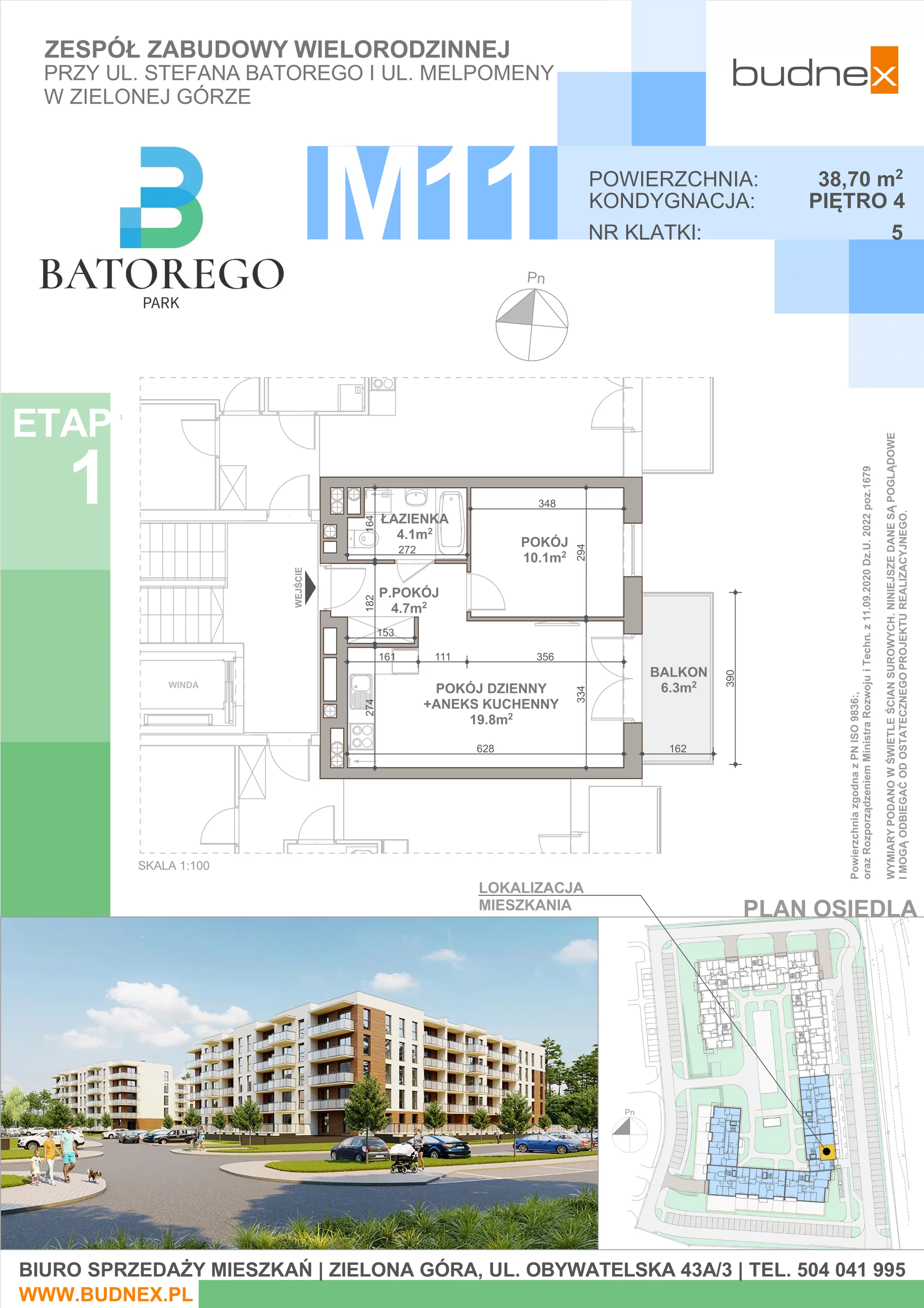 2 pokoje, mieszkanie 38,70 m², piętro 4, oferta nr 5/M11, Batorego Park - Etap 1, Zielona Góra, Osiedle na Olimpie, ul. Stefana Batorego