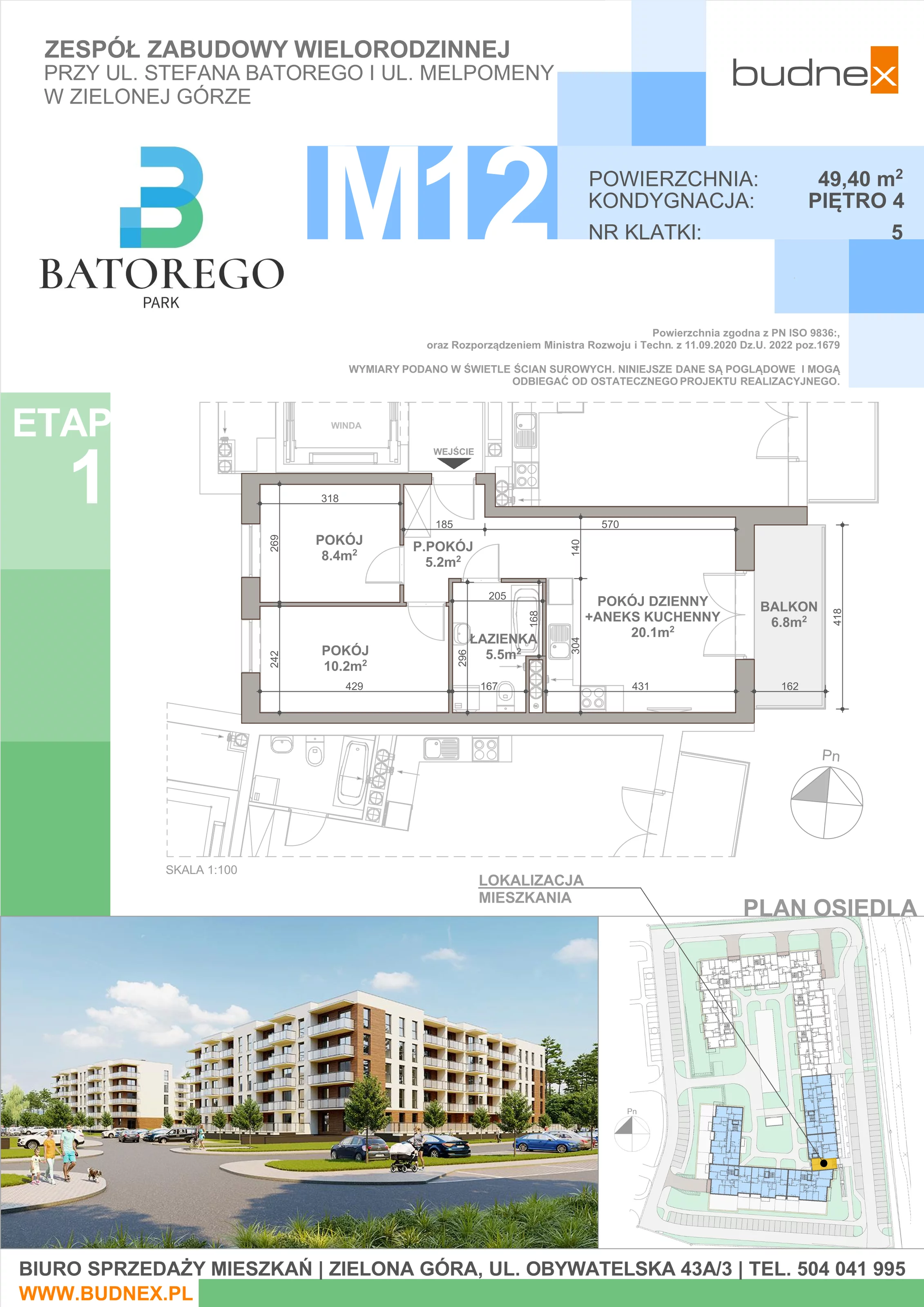 3 pokoje, mieszkanie 49,40 m², piętro 4, oferta nr 5/M12, Batorego Park - Etap 1, Zielona Góra, Osiedle na Olimpie, ul. Stefana Batorego