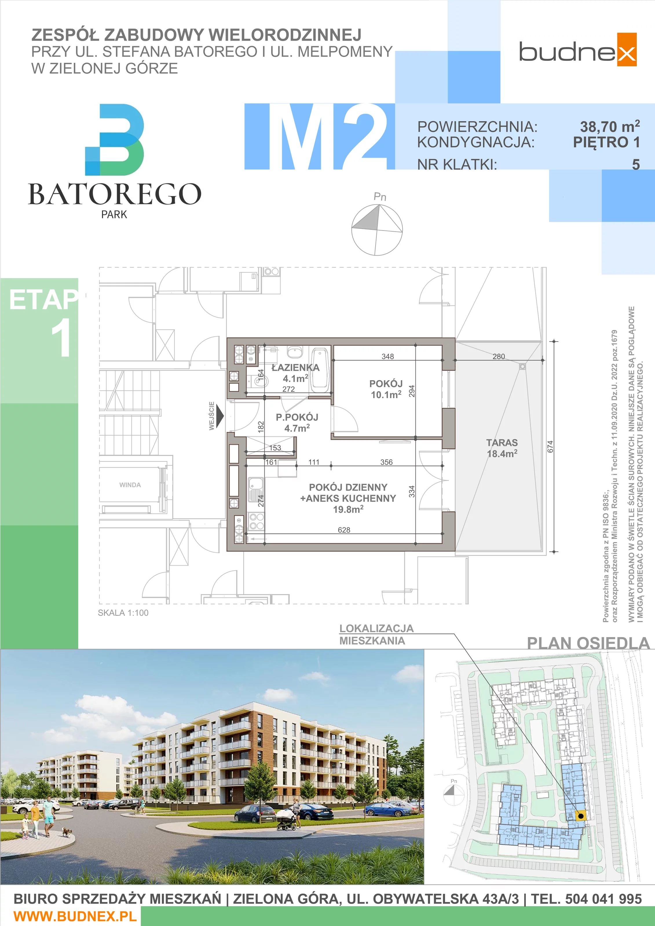 2 pokoje, mieszkanie 38,70 m², piętro 1, oferta nr 5/M2, Batorego Park - Etap 1, Zielona Góra, Osiedle na Olimpie, ul. Stefana Batorego