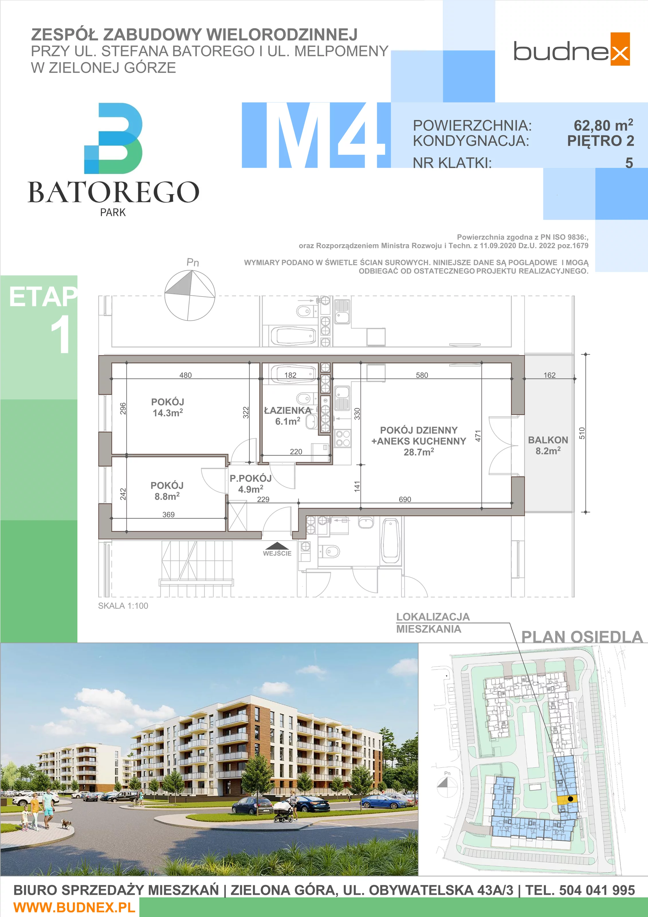 3 pokoje, mieszkanie 62,80 m², piętro 2, oferta nr 5/M4, Batorego Park - Etap 1, Zielona Góra, Osiedle na Olimpie, ul. Stefana Batorego