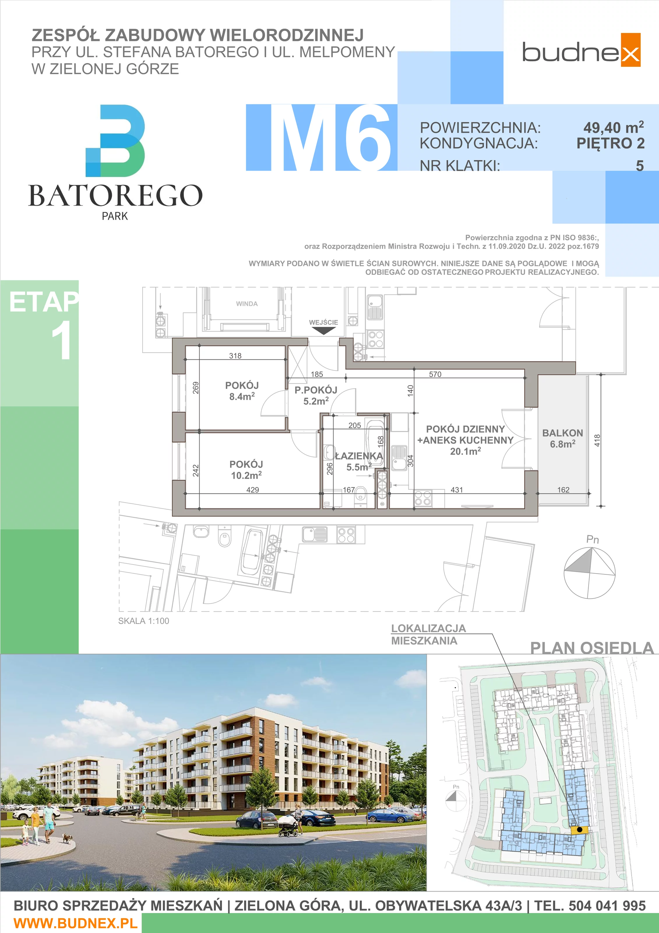 3 pokoje, mieszkanie 49,40 m², piętro 2, oferta nr 5/M6, Batorego Park - Etap 1, Zielona Góra, Osiedle na Olimpie, ul. Stefana Batorego