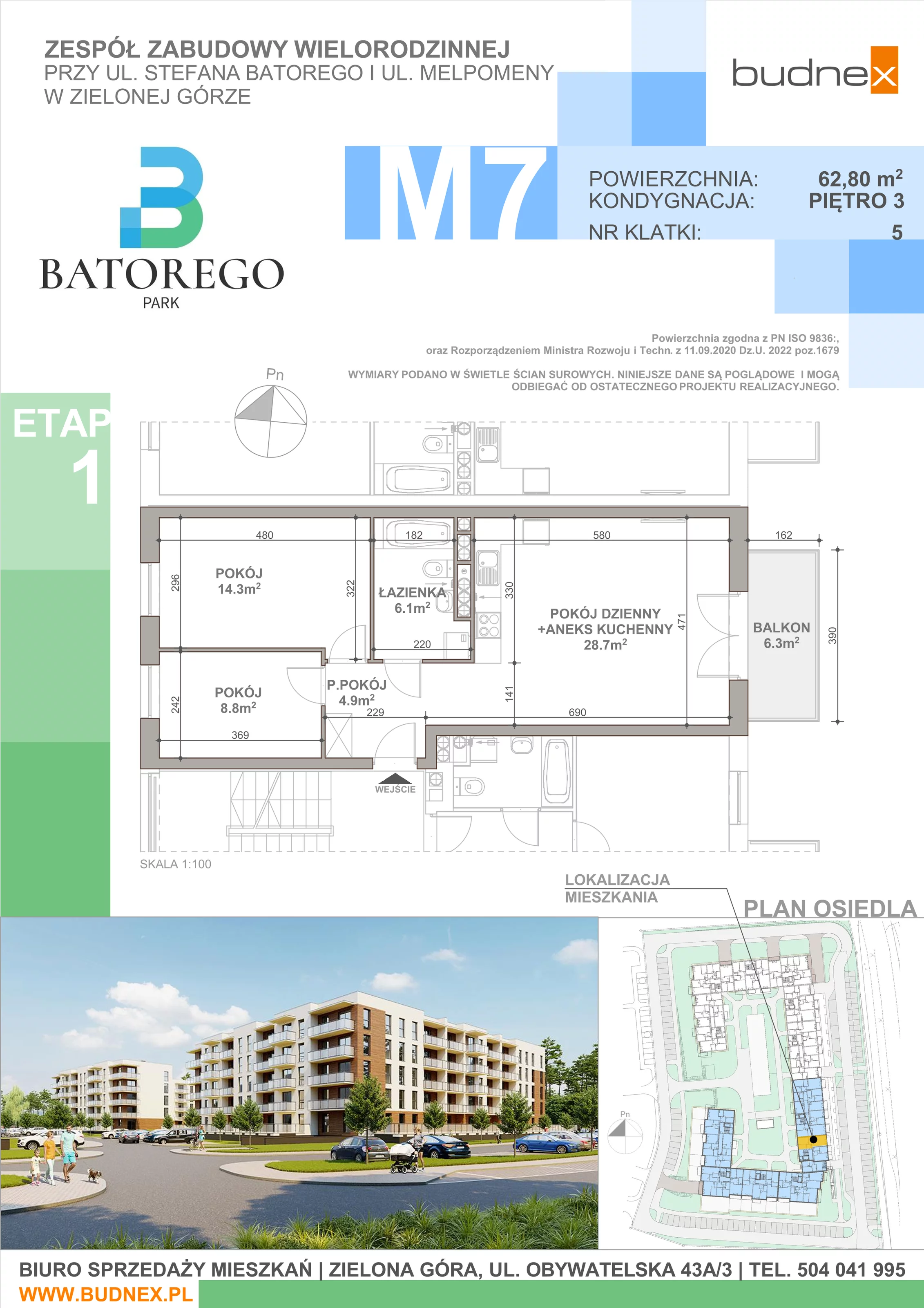 3 pokoje, mieszkanie 62,80 m², piętro 3, oferta nr 5/M7, Batorego Park - Etap 1, Zielona Góra, Osiedle na Olimpie, ul. Stefana Batorego