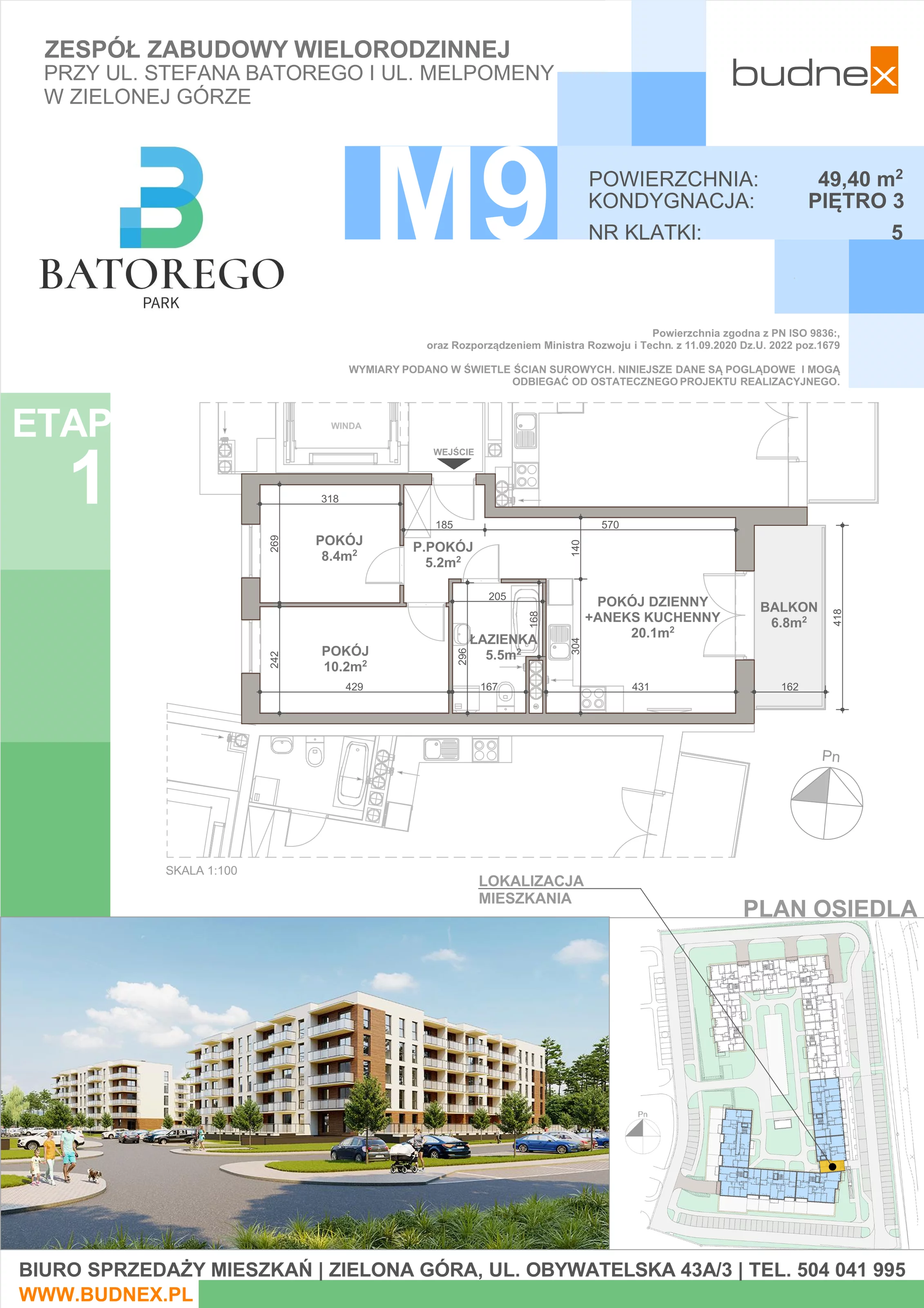 3 pokoje, mieszkanie 49,40 m², piętro 3, oferta nr 5/M9, Batorego Park - Etap 1, Zielona Góra, Osiedle na Olimpie, ul. Stefana Batorego