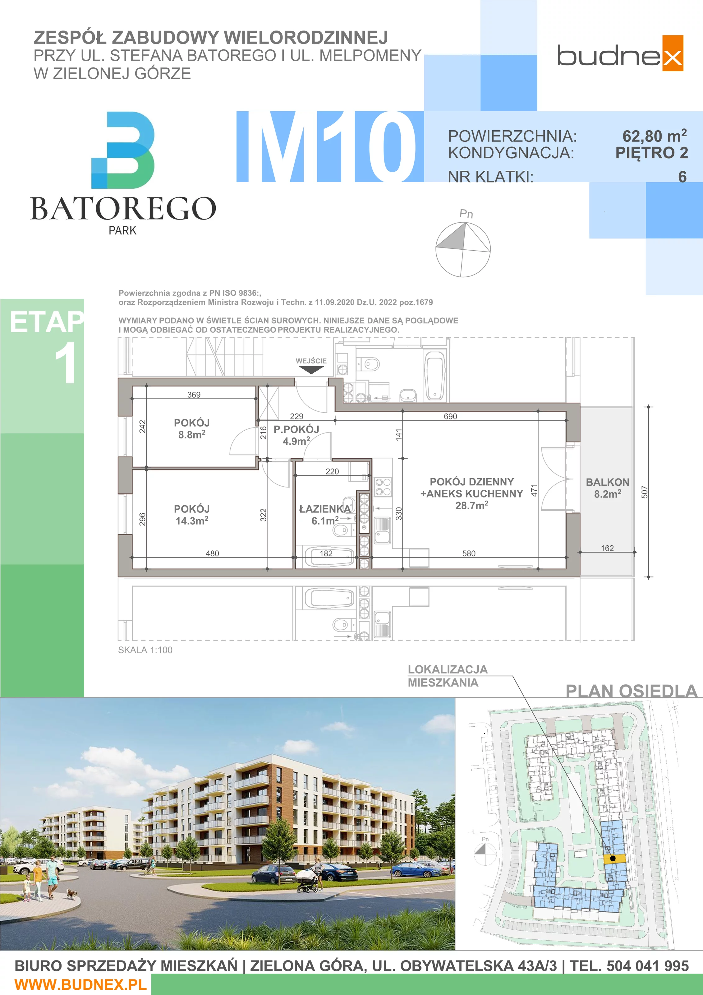 3 pokoje, mieszkanie 62,80 m², piętro 2, oferta nr 6/M10, Batorego Park - Etap 1, Zielona Góra, Osiedle na Olimpie, ul. Stefana Batorego