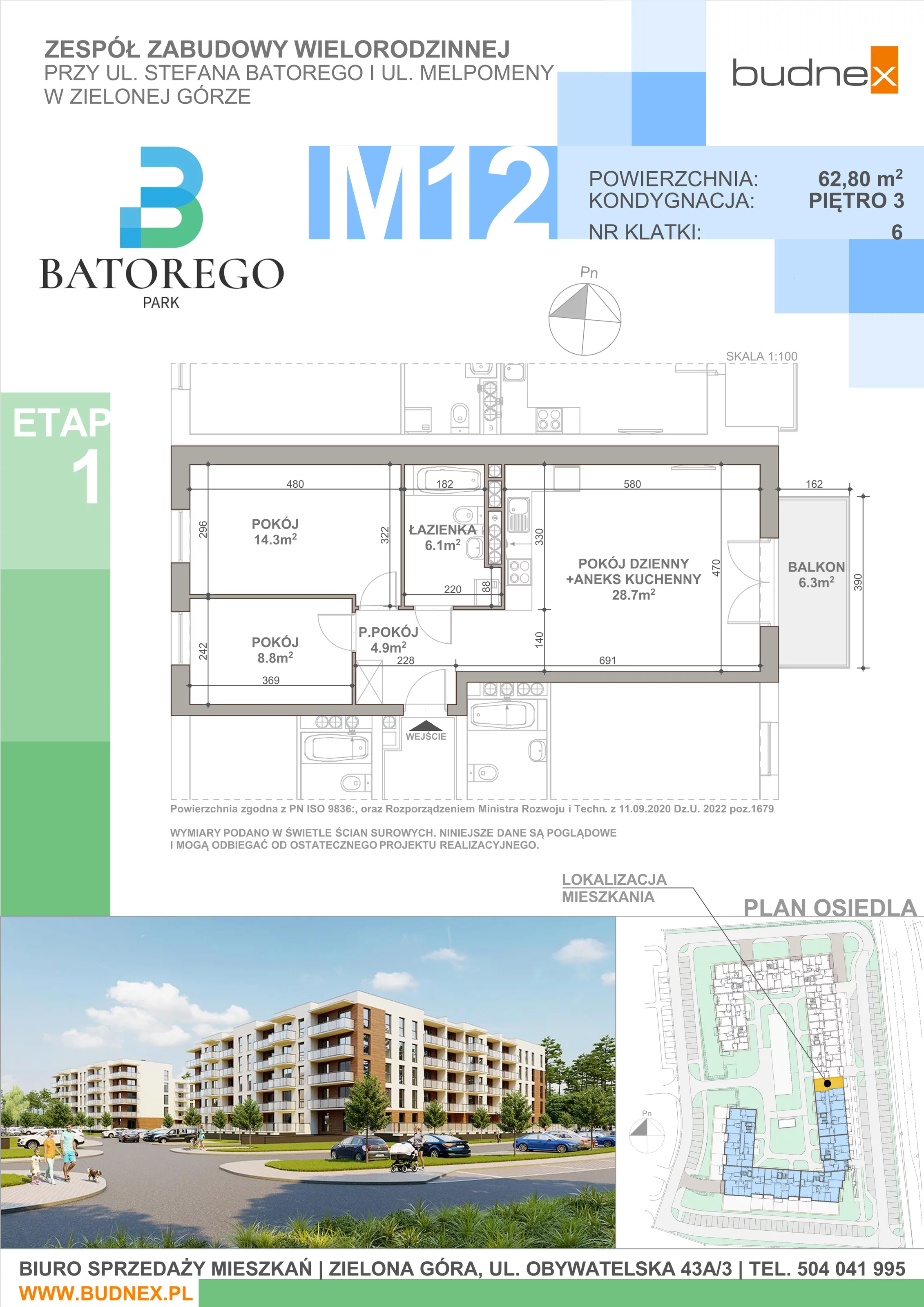 3 pokoje, mieszkanie 62,80 m², piętro 3, oferta nr 6/M12, Batorego Park - Etap 1, Zielona Góra, Osiedle na Olimpie, ul. Stefana Batorego