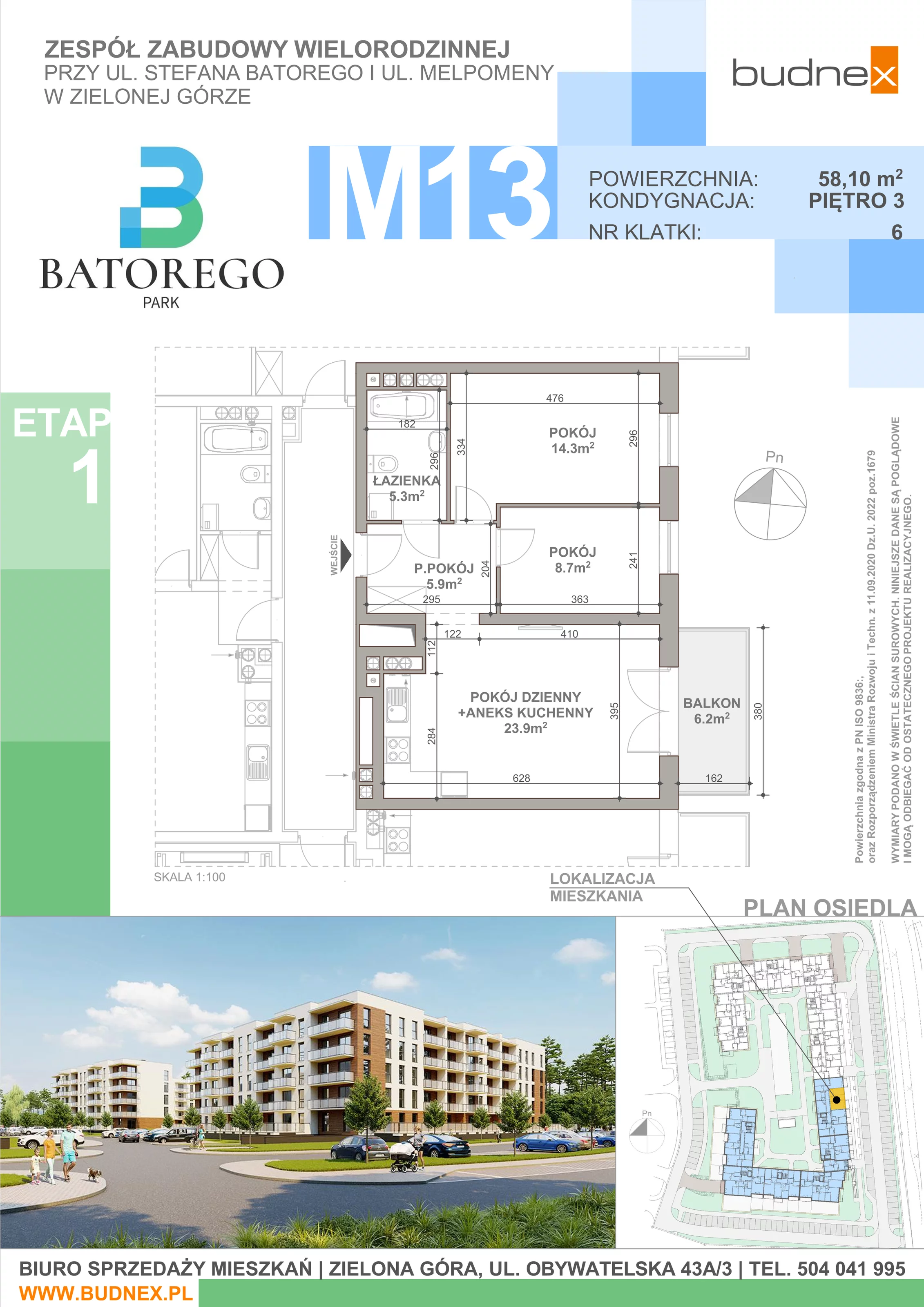 3 pokoje, mieszkanie 58,10 m², piętro 3, oferta nr 6/M13, Batorego Park - Etap 1, Zielona Góra, Osiedle na Olimpie, ul. Stefana Batorego