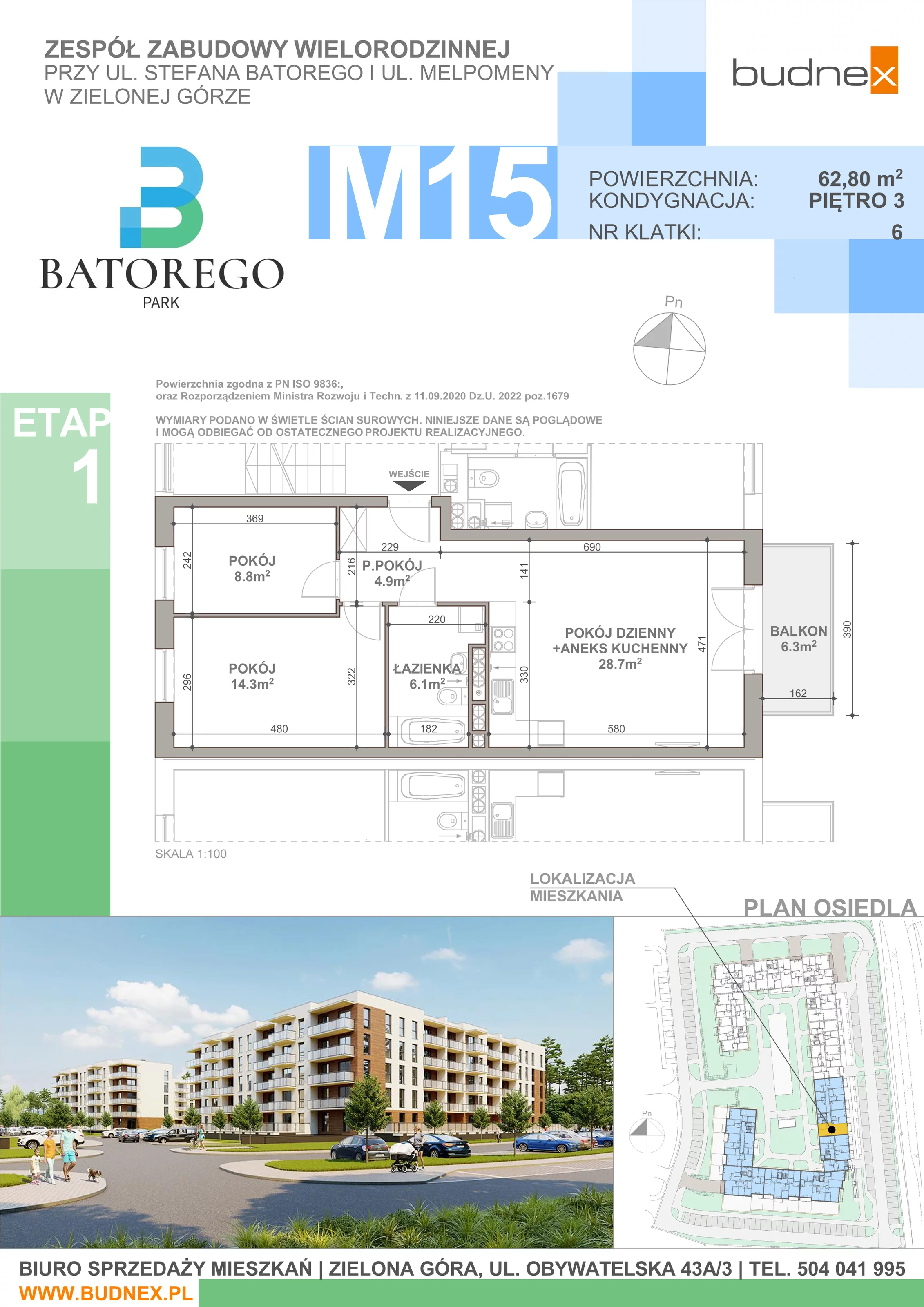 3 pokoje, mieszkanie 62,80 m², piętro 3, oferta nr 6/M15, Batorego Park - Etap 1, Zielona Góra, Osiedle na Olimpie, ul. Stefana Batorego