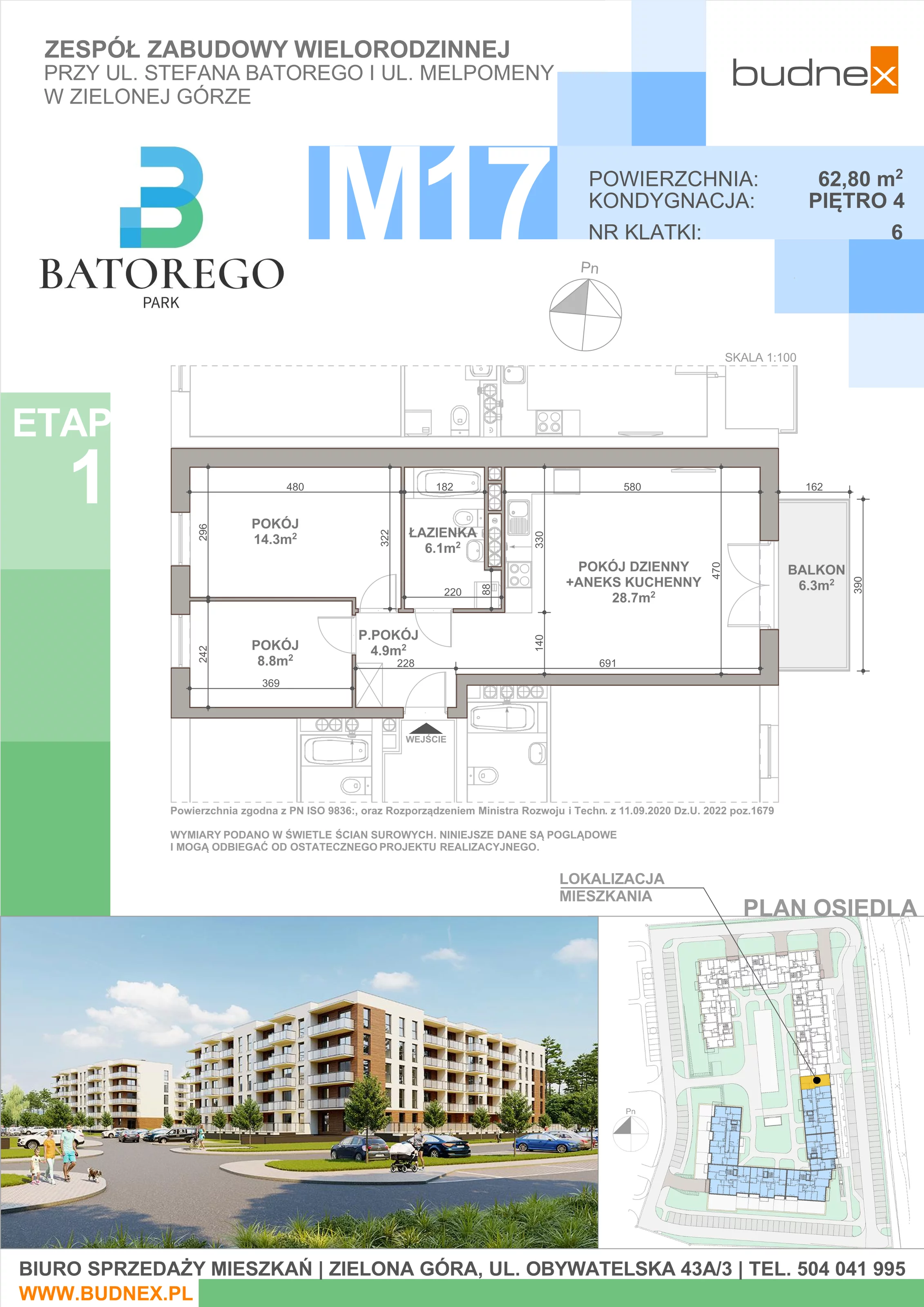 3 pokoje, mieszkanie 62,80 m², piętro 4, oferta nr 6/M17, Batorego Park - Etap 1, Zielona Góra, Osiedle na Olimpie, ul. Stefana Batorego