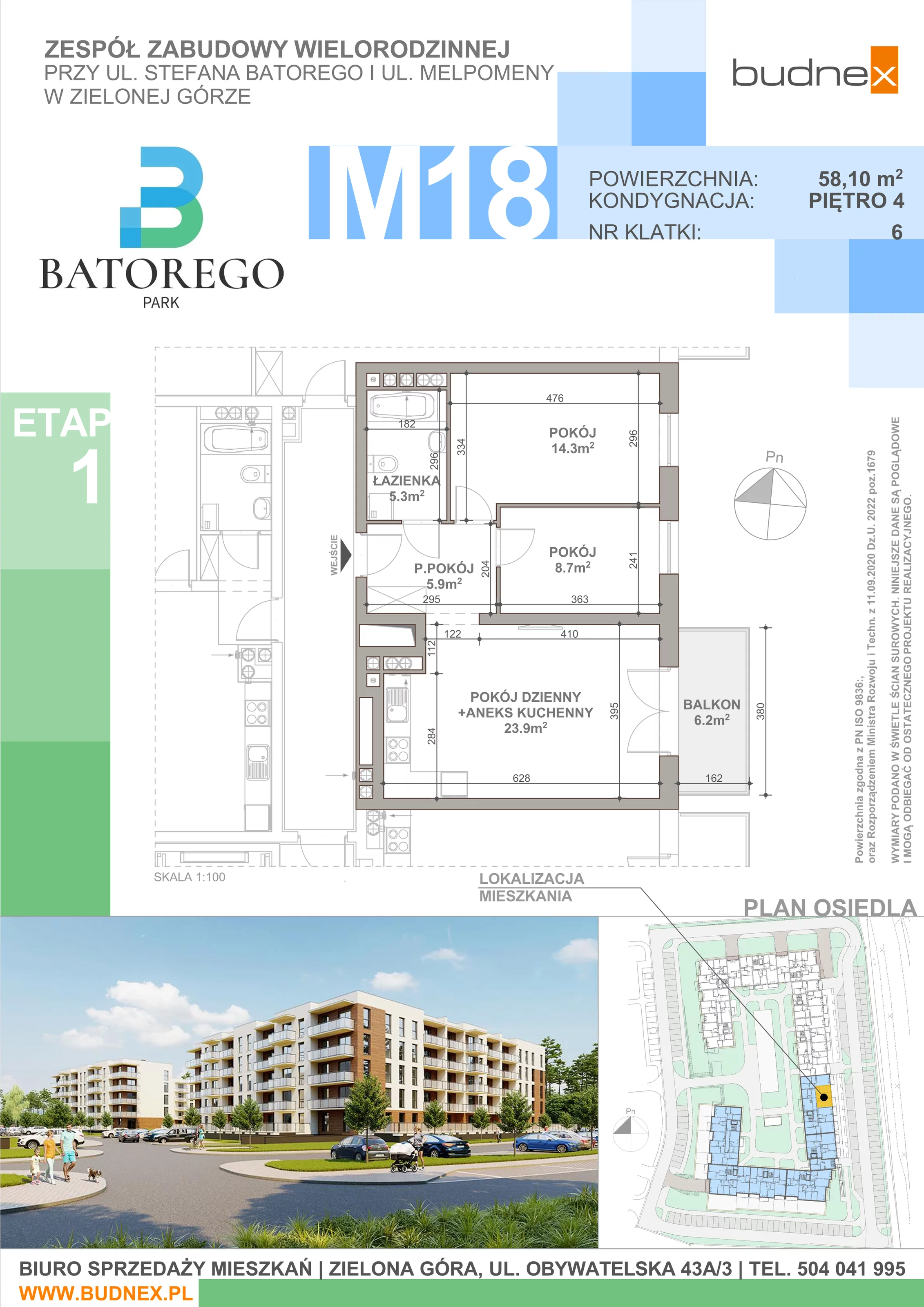 3 pokoje, mieszkanie 58,10 m², piętro 4, oferta nr 6/M18, Batorego Park - Etap 1, Zielona Góra, Osiedle na Olimpie, ul. Stefana Batorego